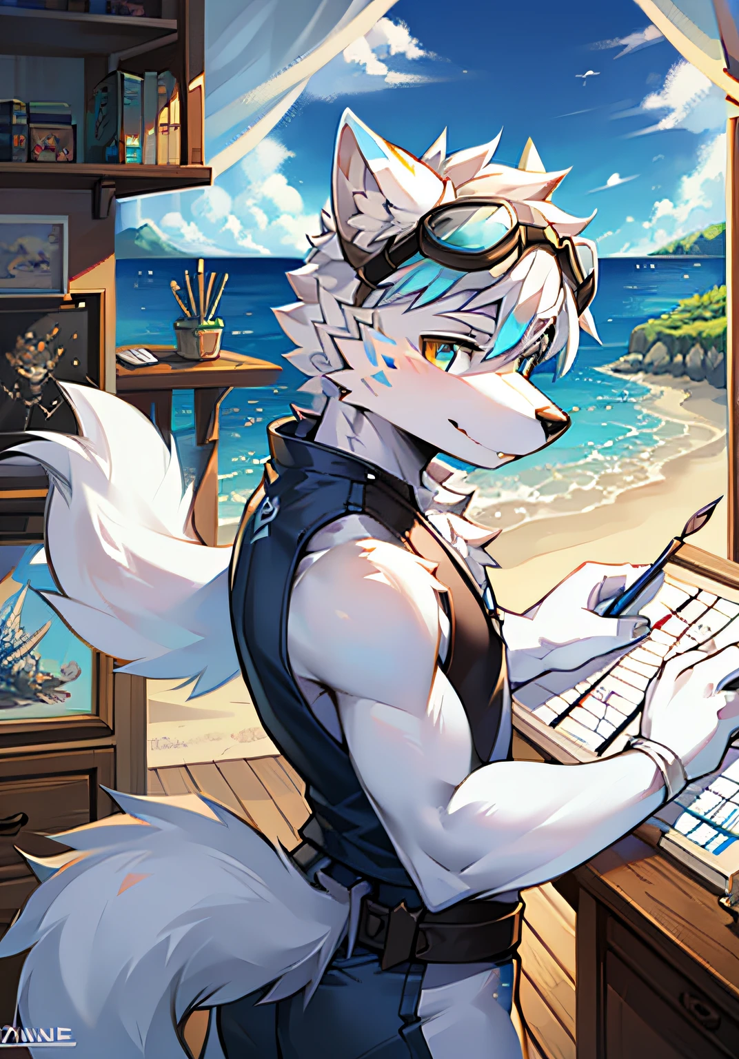 Ocean, goggles, gloves, white wolves, paintbrushes, drawing boards