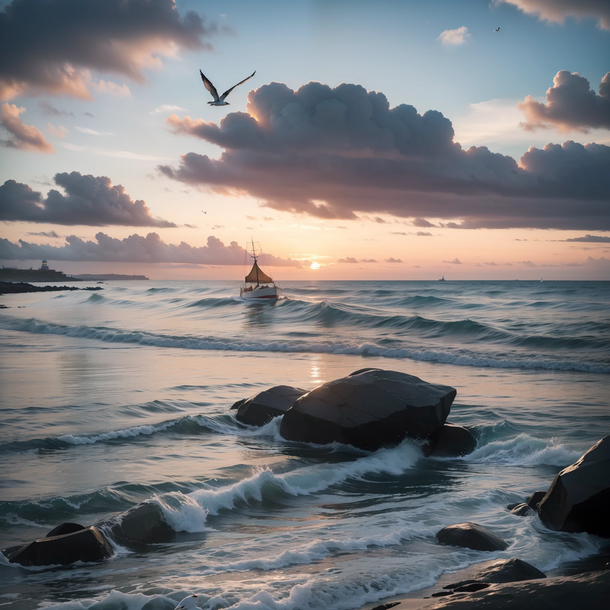 ((masterpiece)), (realistic), (sunset:1.2), (seascape:1.2), (colorful sky), (seagulls:1.1), (beach:1.1), (waves:1.1), (rocks:1.1), (boats:1.1), (reflection:1.2), (silhouette:1.2), (harbor:1.2), (peaceful:1.1), (serene:1.1), (tranquil:1.1), (calming:1.1), (harmonious:1.2),
The sun was setting over the horizon, painting the sky in a breathtaking array of colors. Shades of pink, orange, and yellow blended together to create a vibrant and colorful sky. Seagulls flew gracefully overhead, their wings casting shadows on the calm waters below. The beach was a peaceful and serene place, with waves gently lapping at the shore. Smooth rocks scattered along the coastline, providing a perfect spot for a quiet moment of reflection. Boats floated in the harbor, their masts creating silhouettes against the colorful sky. The reflection of the sky in the water created a harmonious and tranquil atmosphere. As the sun disappeared below the horizon, the sky turned darker, but the sense of calm remained, leaving a feeling of peacefulness and contentment.