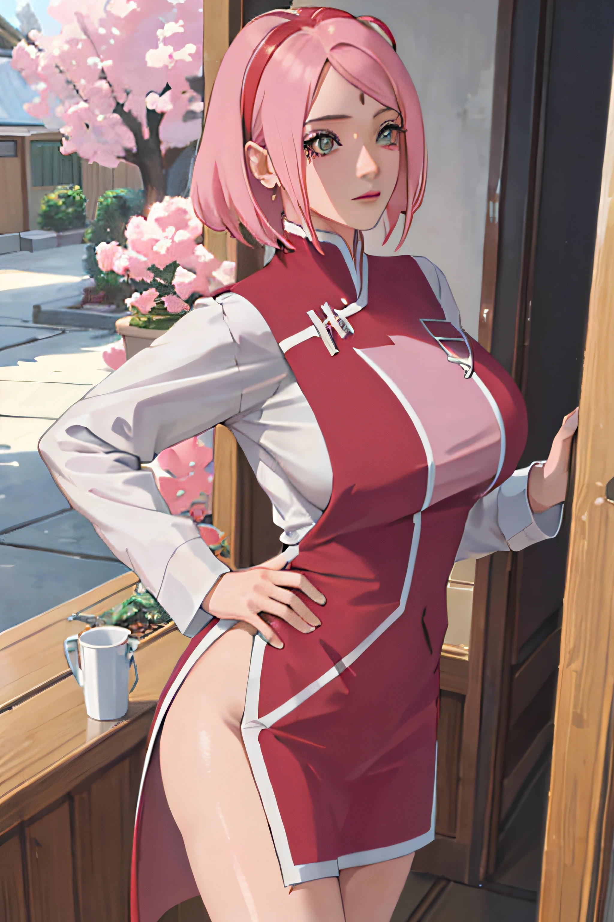 tmasterpiece, (intricately details), (rich colourful), cinmatic lighting, Extremely detailed 8k CG unit wallpaper, 1 rapariga,JK school uniform,very Bigger breasts, sakura haruno, Ruffle your hair, POV, nsfw, provocation, Jumpy, embarressed, Be red in the face,, Partial Nude