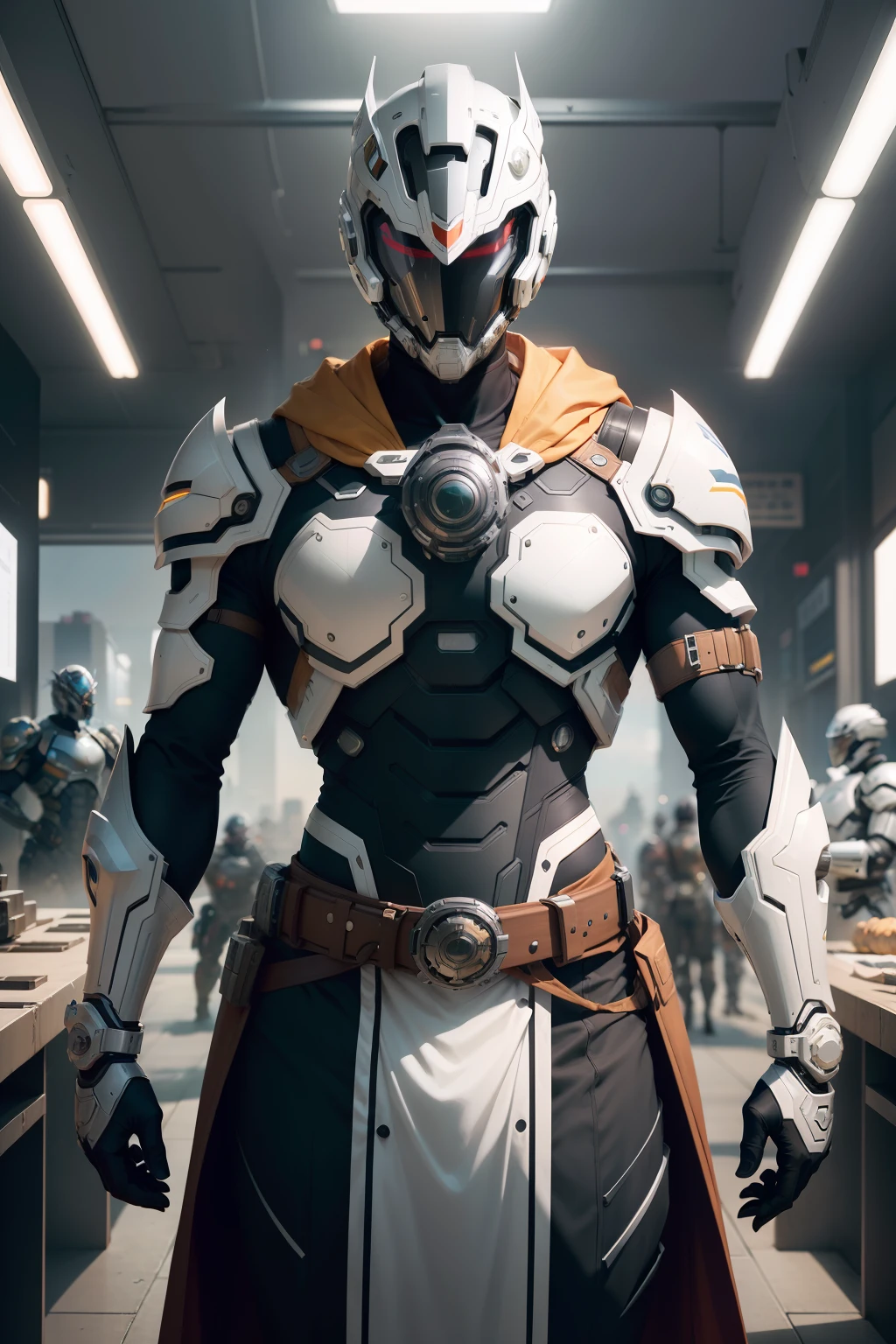 male people,Mechanical Warrior,Dashboard complex belt,Complex masks,Gorgeous belt,a gorgeous,Complex technical exoskeleton,Intricate cloak,Complex full-wrap helmet,volumettic light,human - shaped,volumettic light,future-tech,Off-white body,a gorgeous,Exaggerated,makina,fender,Mechanical belts,