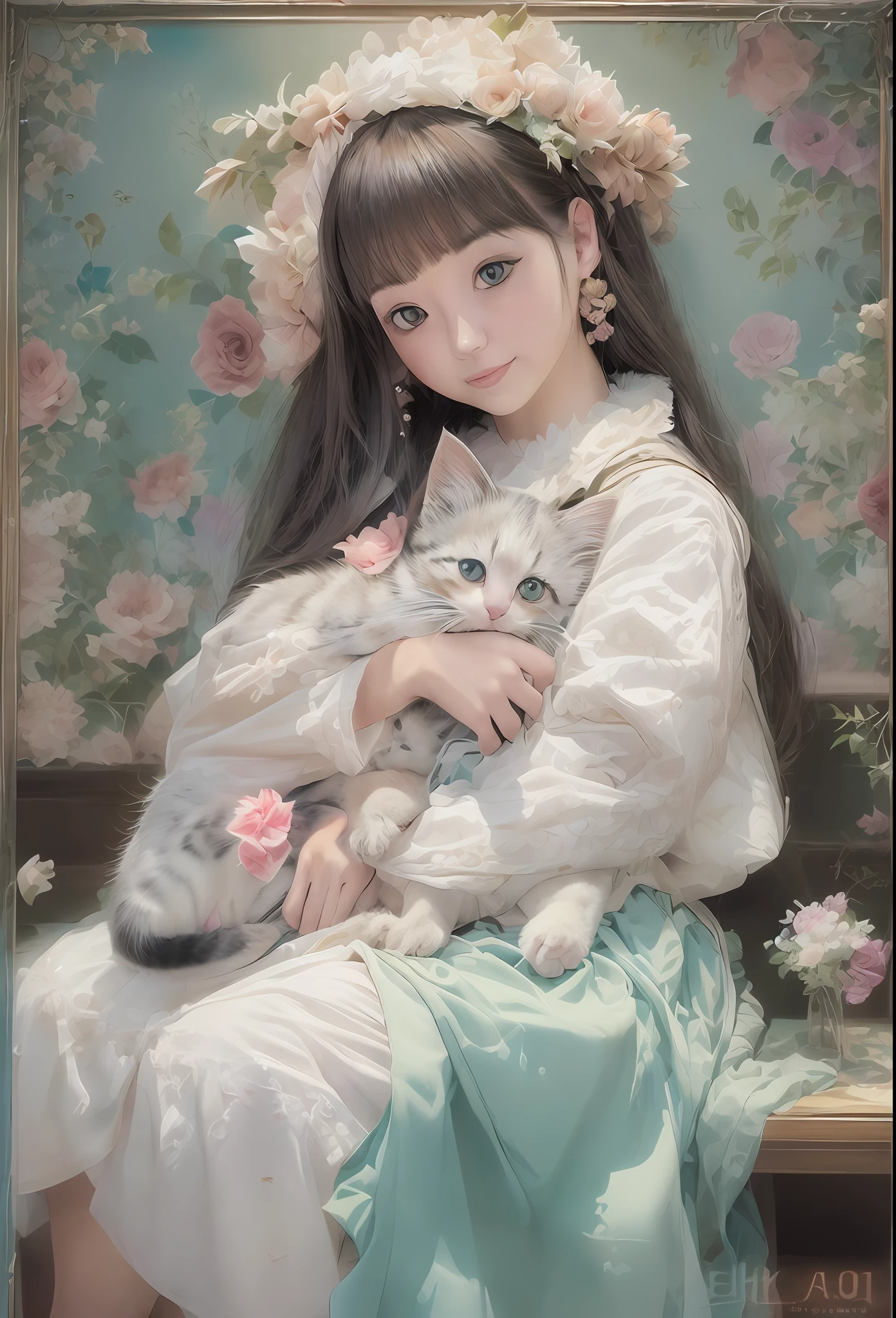 (A kitten、😇、A smile、😌🥰Archaic Smile).hyper realstic、Ultra-realistic、Depiction of the human body without distortion、Monna Lisa、Woman in Arms、Near and far law、Three-dimensional、Contemporary painting、moderno、world masterpiece、collection、Homage to the art or artist work of Picasso and Renoir, Not sentimental、Excellent portrayal、Gentle expression、More detailed character faces, Serious competition、Compositions like paintings、(Konmutsuki_Gacha_Series 1, punk_rosette), Realistic、Delicate brushwork、aqua color flowers, (Full body, elegant flowers background)