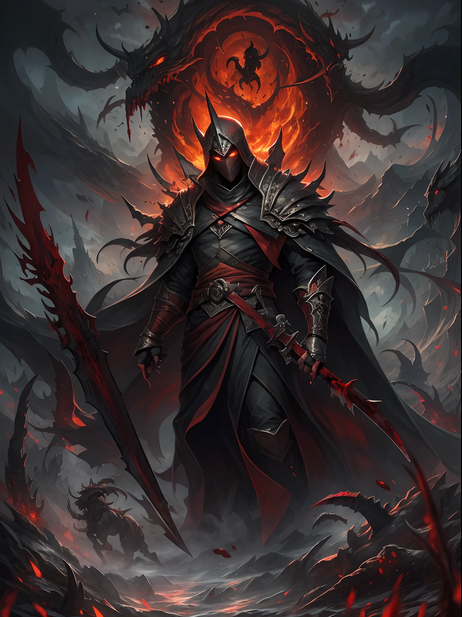 hell,magma,火焰,((Super huge, A thick and sharp scythe)),(A demon covered in black scales:1.4),(((The scales are covered with thick barbs))),((A huge cloak woven with blood)),((Bloodthirsty and murderous devil man)),slaughter,Rush to kill,Dynamic lines,depth of fields,Ugly face,Lightning streaked across the sky,(((The mountains are at your feet))),Dimly lit sky,dark cloude,dense fog,(There was blood everywhere),((Blood dripping from the sickle)),stereoscopic perspective:1.4,Works of masters,super-fine,4K分辨率,high qulity,电影灯光,High picture detail,Look up from the bottom up,Ultra-wide viewing angle,Detailed pubic hair,Epic shooting