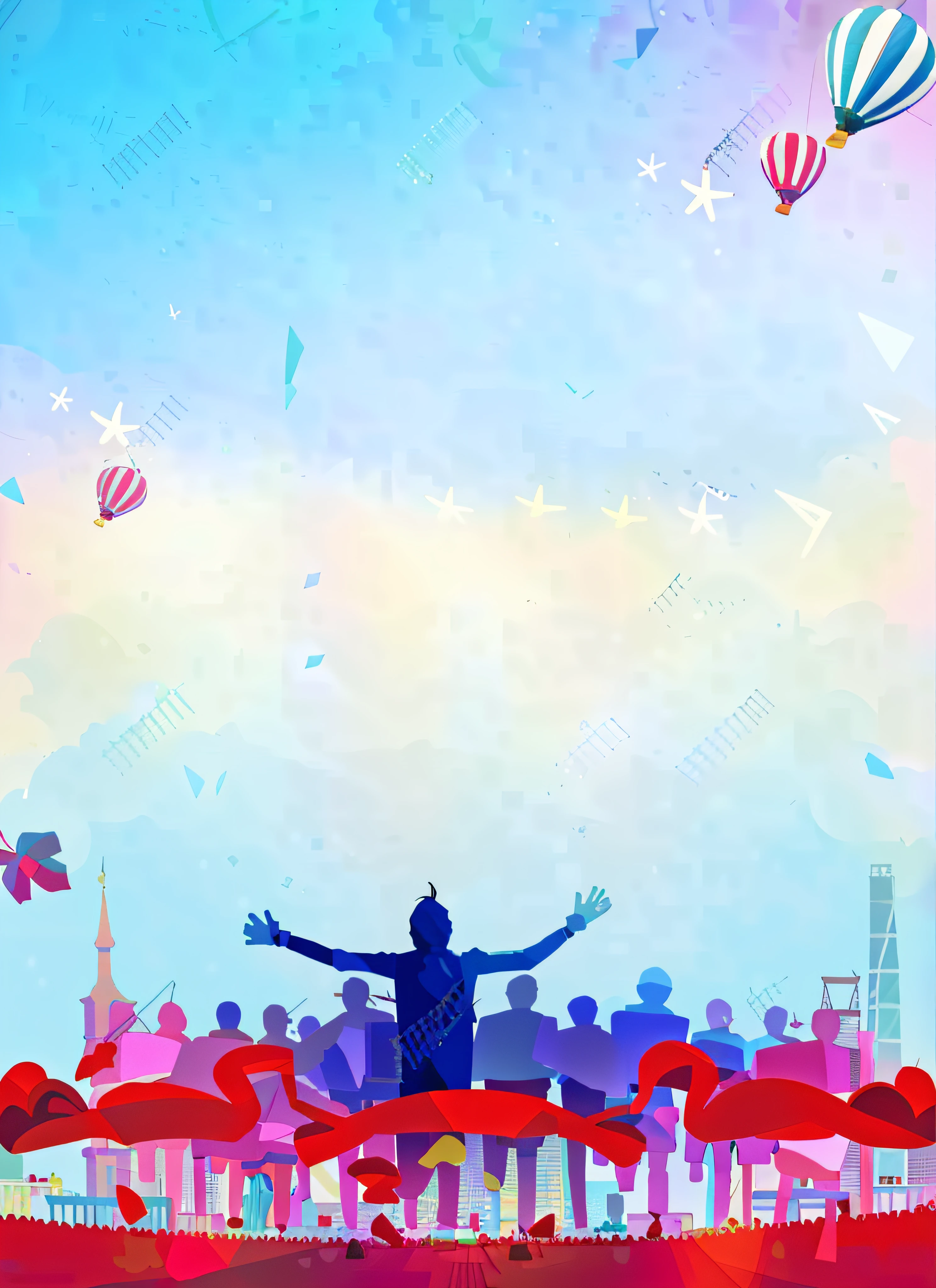 Illustration of a man running in a marathon,Balloons flutter in the sky, Stage background, summer festival in background, The atmosphere is cheerful, poster background, ballroom background, music festival, jubilant blissful atmosphere, background is heavenly, background is white, Concert, colorful anime movie background, shining and happy atmosphere, Cheerful ambiance, The background is white, mall background