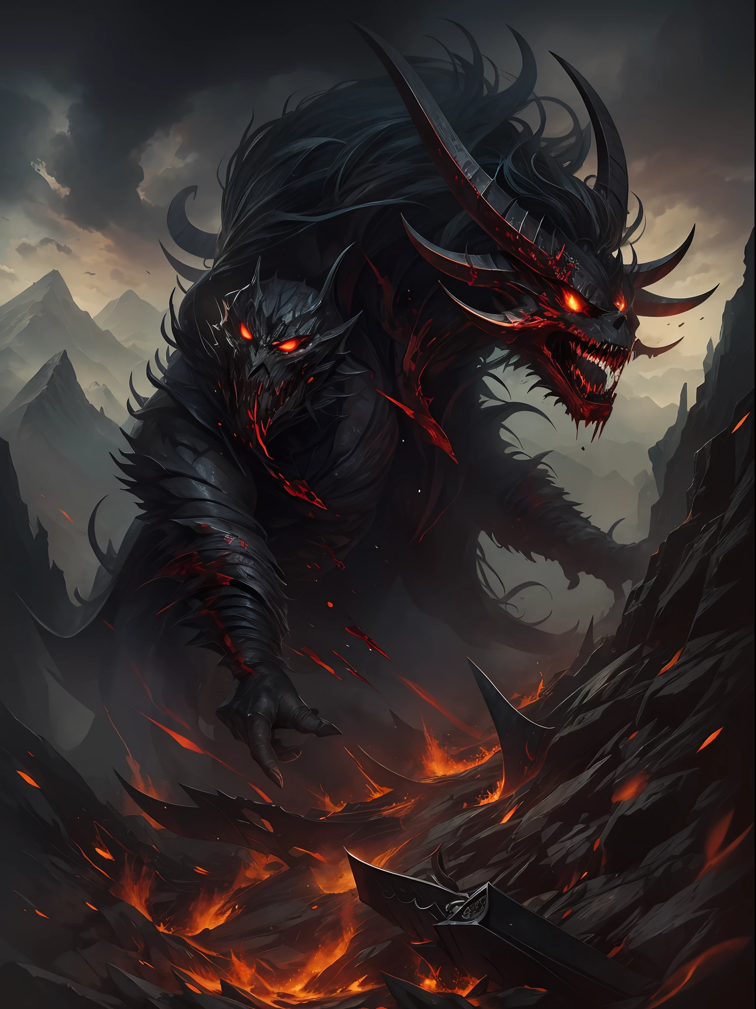 hell,magma,火焰,(Super huge A thick, sharp scythe:1.4),(A demon covered in black scales:1.4),((A huge cloak woven with blood)),((Bloodthirsty and murderous devil man)),slaughter,Rush to kill,Dynamic lines,depth of fields,Ugly face,Lightning streaked across the sky,(((The mountains are at your feet))),Dimly lit sky,dark cloude,dense fog,(There was blood everywhere),((Blood dripping from the sickle)),stereoscopic perspective:1.4,Works of masters,super-fine,4K分辨率,high qulity,电影灯光,High picture detail,Look up from the bottom up,Ultra-wide viewing angle,Detailed pubic hair,Epic shooting
