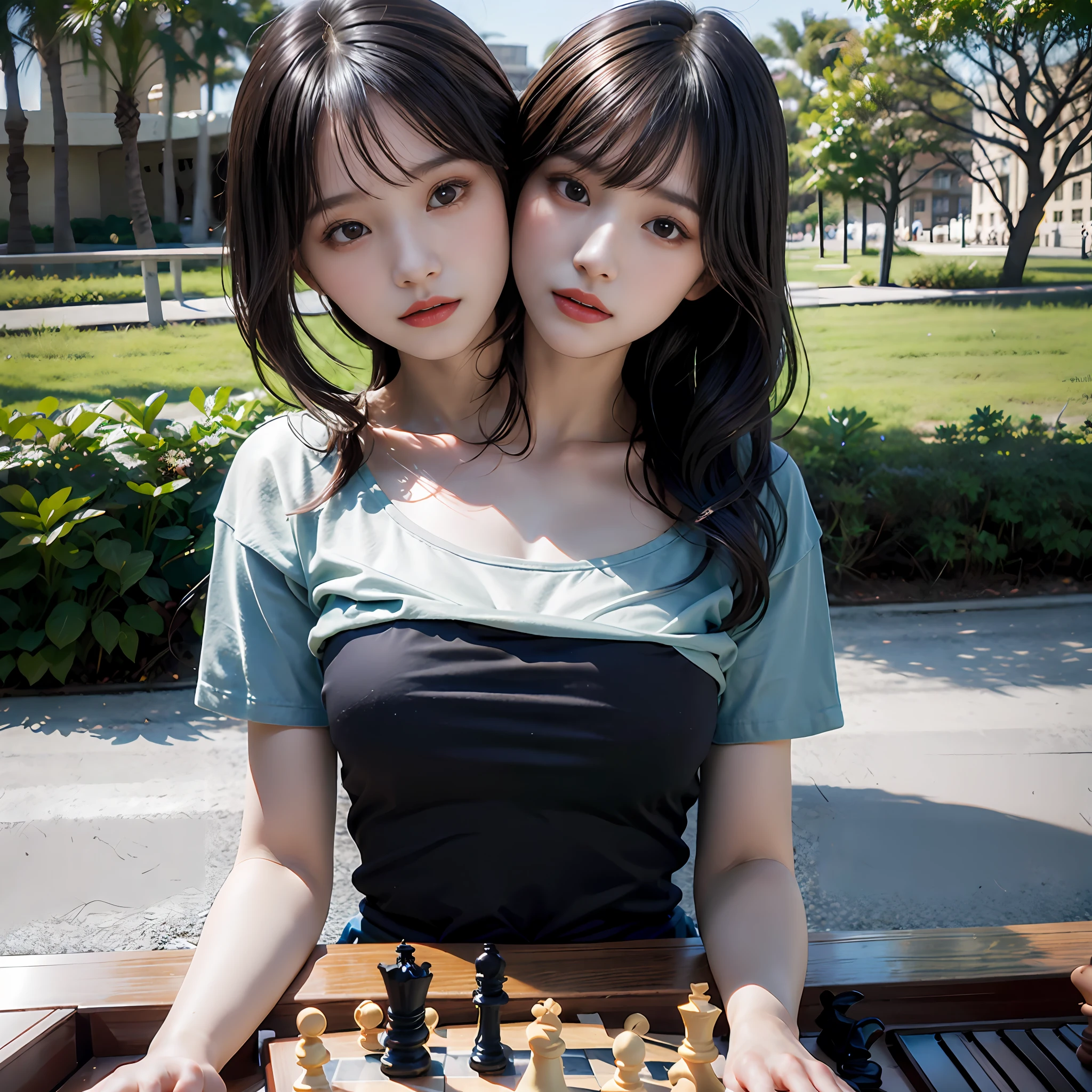 (best quality, 2heads, girl with two heads playing chess, different hair bangs, tied hair, half color t-shirt,park background,)