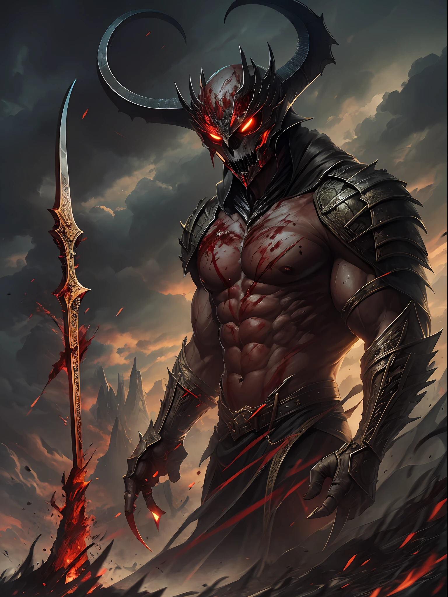 hell,magma,火焰,(Super huge A thick, sharp scythe:1.4),(A demon covered in black scales:1.4),((A huge cloak woven with blood)),((Bloodthirsty and murderous devil man)),slaughter,Rush to kill,Dynamic lines,depth of fields,Ugly face,Lightning streaked across the sky,(((The mountains are at your feet))),Dimly lit sky,dark cloude,dense fog,(There was blood everywhere),((Blood dripping from the sickle)),stereoscopic perspective:1.4,Works of masters,super-fine,4K分辨率,high qulity,电影灯光,High picture detail,Look up from the bottom up,Ultra-wide viewing angle,Detailed pubic hair,Epic shooting