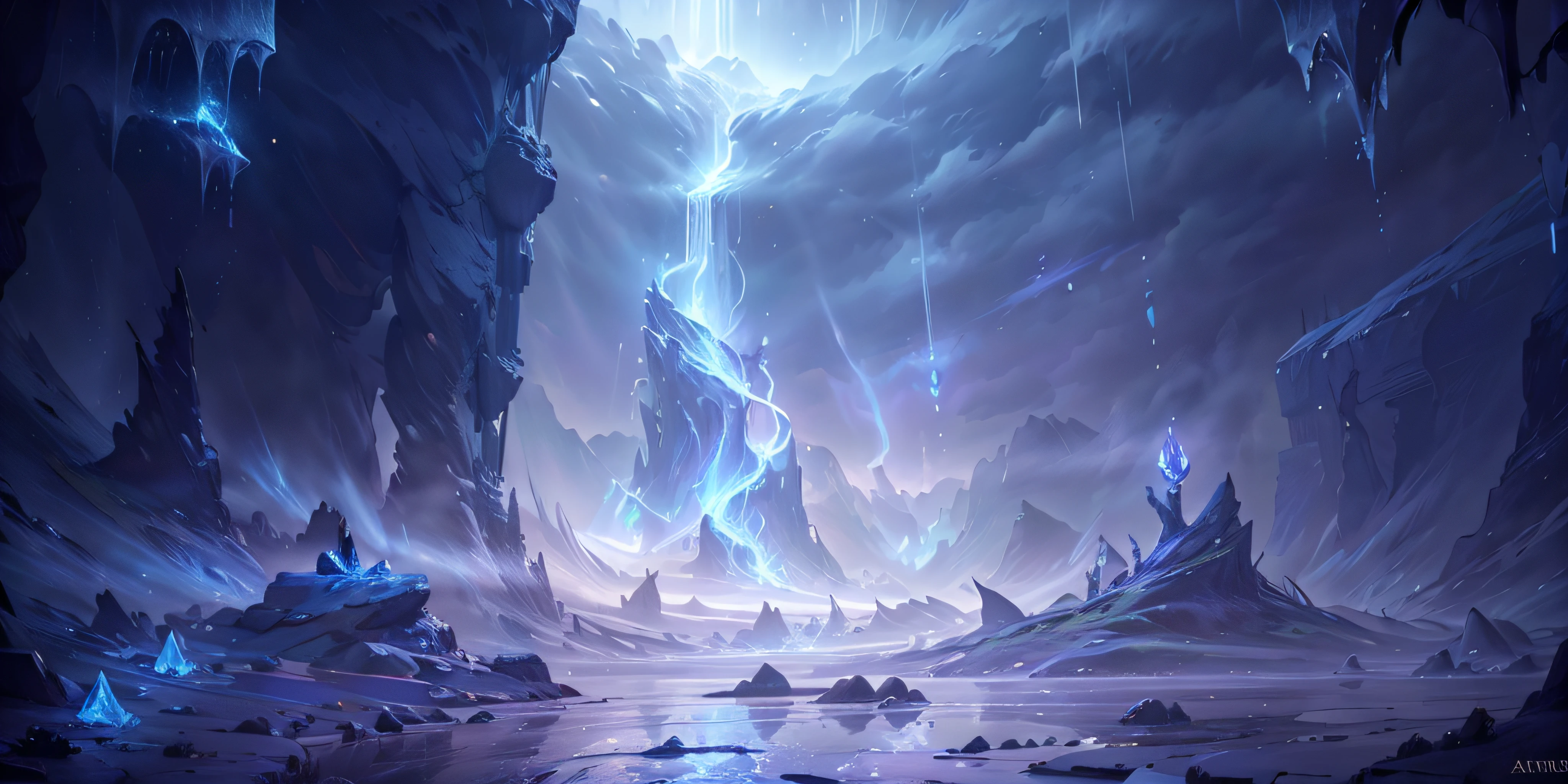 There is a very large waterfall,There is light coming out of it, concept art magical highlight, 8k hd wallpaperjpeg artifact, 8k hd wallpaperjpeg artifact, league of legends arcane, floating sigils, floating runes, spirits coming out of portal, matte painting arcane dota pixar, luminescent concept art