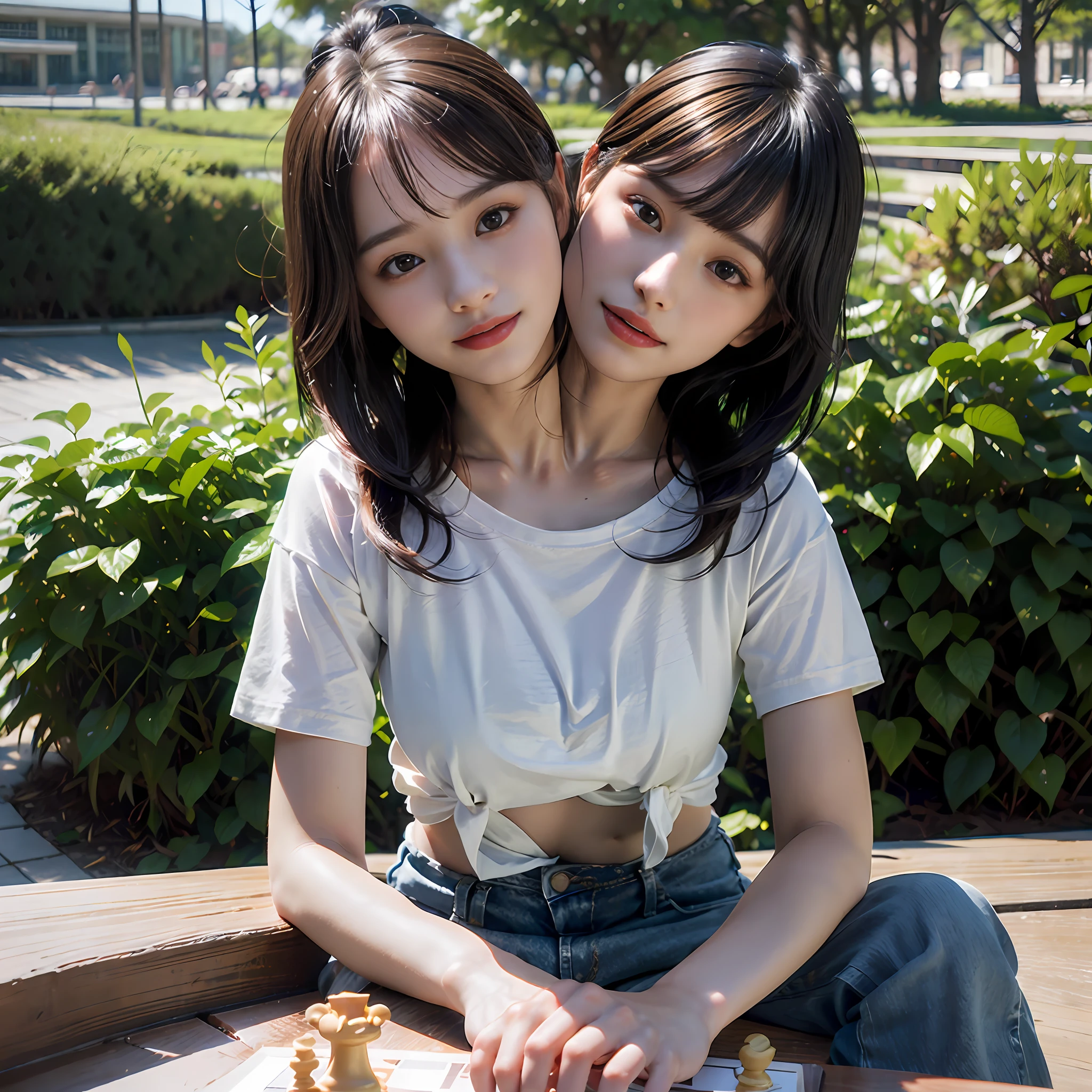 (best quality, 2heads, girl with two heads playing chess, happy and sad expressions, different hair bangs, tied hair, half color t-shirt,park background,)