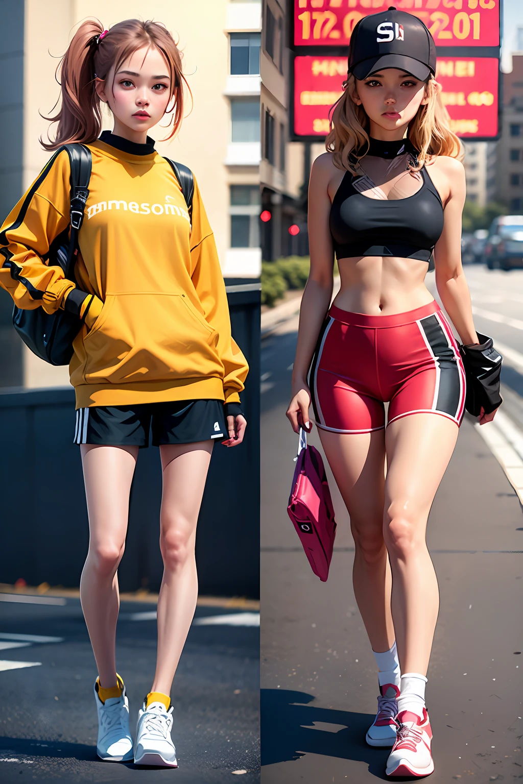 See sporty boyfriend,Girls in the same style of clothing,4 different styles,systemic,photorealestic,Split screen display