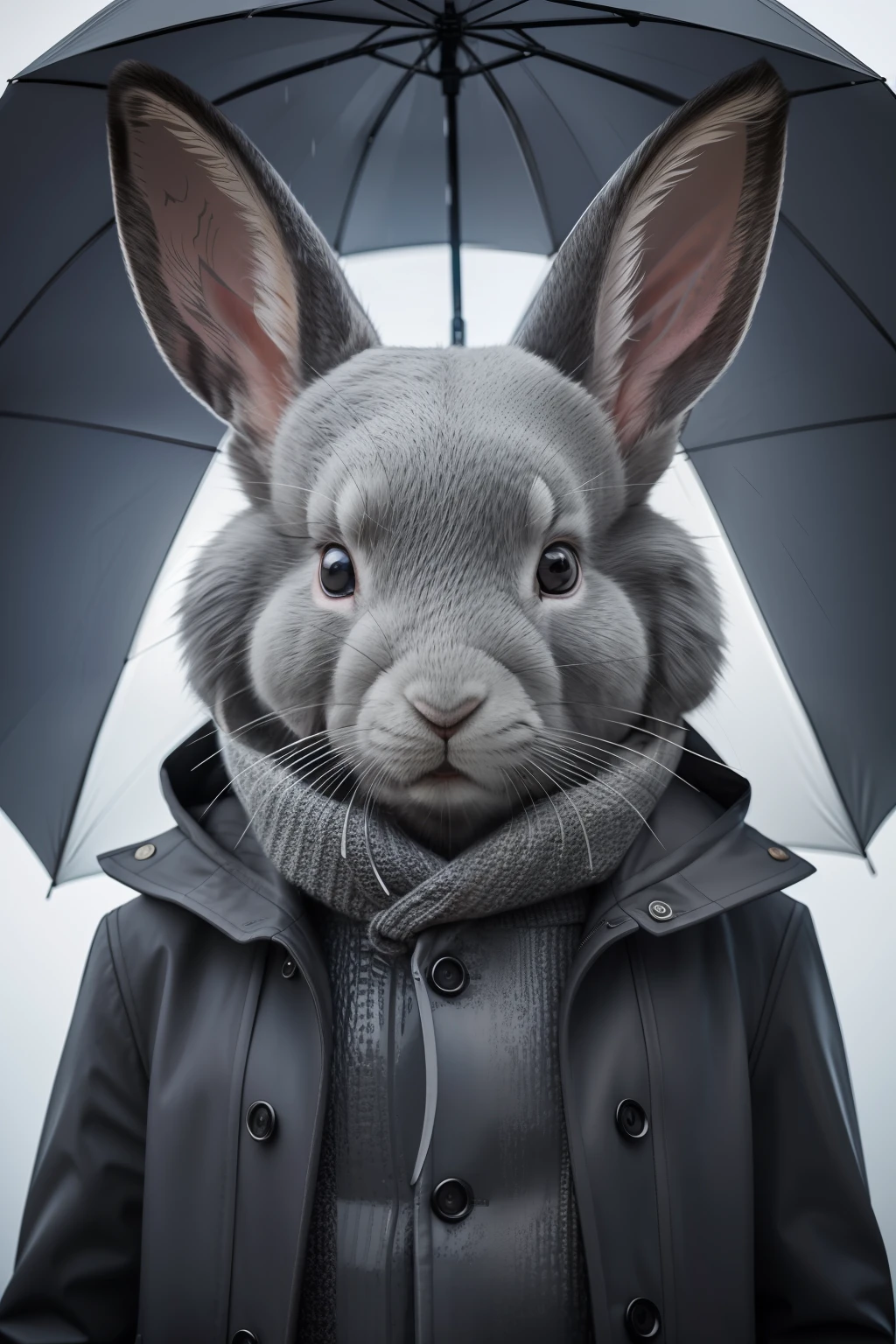 Grey rabbit, large ears, 4ft tall, holding an umbrella, wearing a coat, heavy rain, looks into the camera, symmetrical eyes, symmetrical face, photorealistic, photography, path tracing, specular lighting, volumetric face light, path traced hair, visible shadows, intricate, elaborate