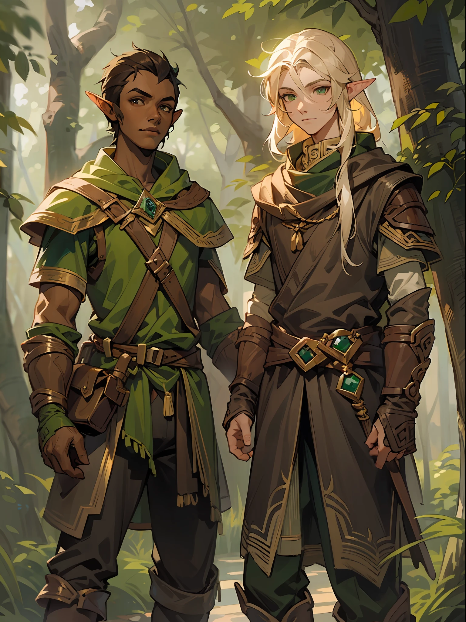 ((brown skin)),there is a man in a green and brown outfit walking through a forest, portrait of a forest mage, male elf ranger, a portrait of a male elf, a male elf, beautiful male elf, elven male, male blonde elf ranger, of an elden ring elf, male wood elf rogue, portrait of a young elf wizard, astri lohne, ((edgy face))