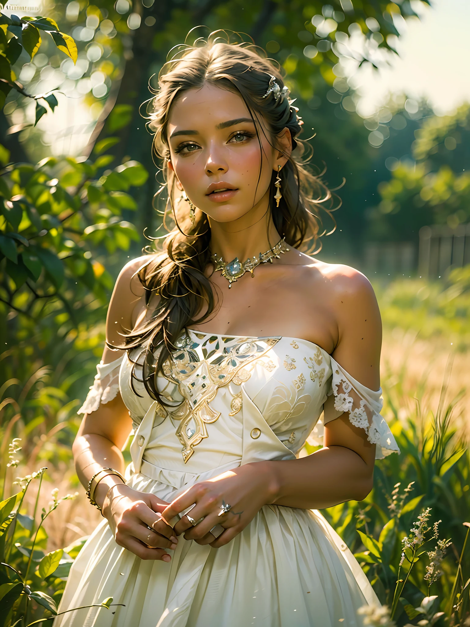 (masterpiece), (best quality), ((ultra-detailed)), (hyperrealistic), (highly detailed photo), cinematic lighting, photorealistic, extremely beautiful young lady in European countryside, intricate detailed white dress, shining, gloss, crisp, flirty, epic, focus, high contrast, artistic