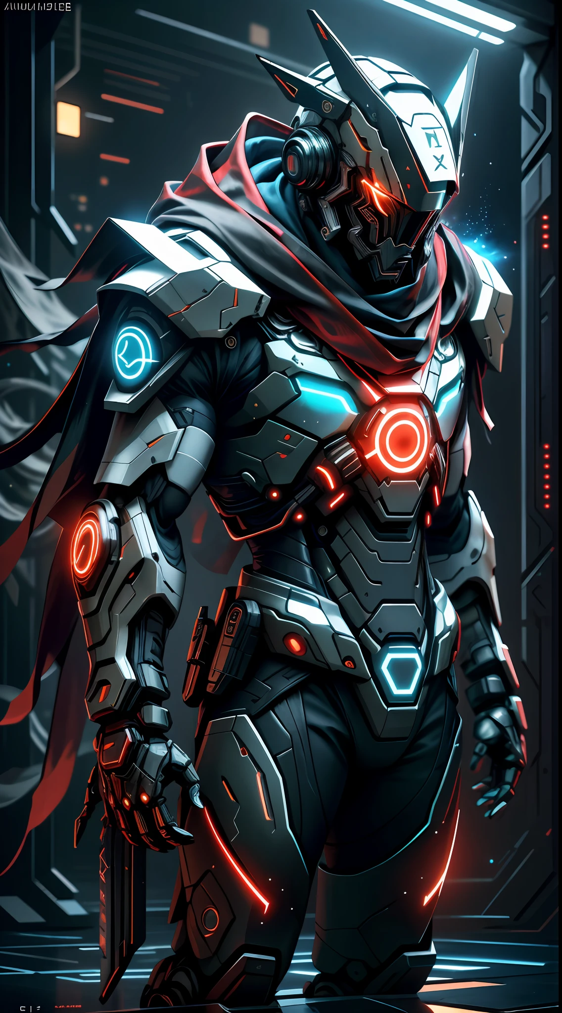 realistic,shiny,reflective,bioluminic, galactic cybernetic mask,mecha,(assassin:1.2),scarf,cloak,sh4g0d,GlowingRunes_red,fullbody,cinemnatic,dark background,backlight,high contrast,