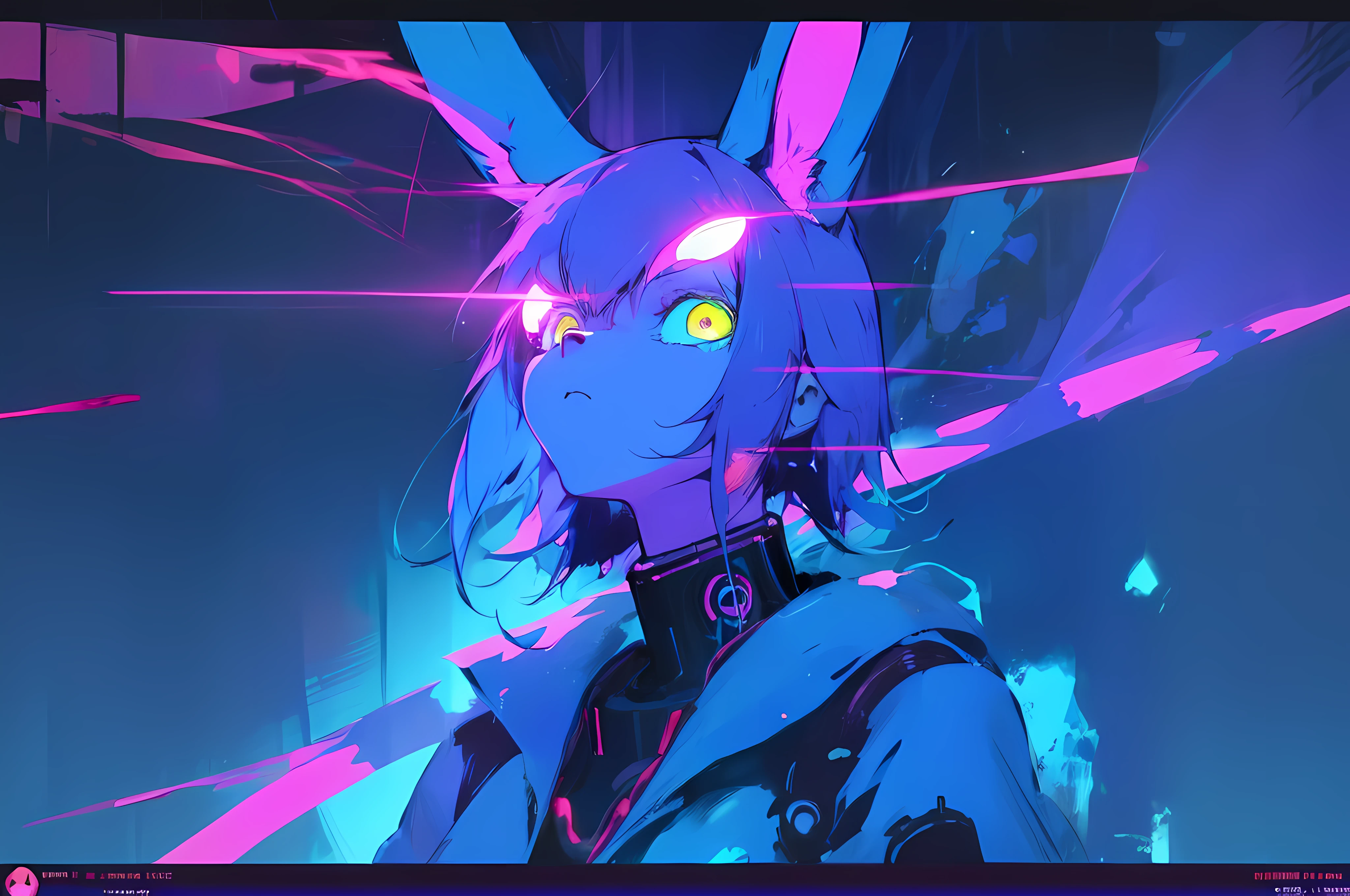 (vintage vhs), (crt screenshot), (Zen, Amy Sol style), (((blue anthro kemono furry rabbit))), underground cavern shining flashlight in old ruins, scene from a show about a blue anthro furry kemono rabbit who investigates deep space crime, (vast decrepit scenery:1.2) blame! style, nightmarish illustration, glowing eyes everywhere, intense eye contact, hybrid human / anthro, electrixbunny, rabbit anthro portrait, ((portrait)), bunnypunk, weirdcore voidpunk fursona, wearing bunny ears, cover art with light abstraction, abstract, simple vector art, contemporary Cybernetic art, color gradients, soft color palettes, layered forms, whimsical animation, style Ethereal abstract, 4K, , anime character with futuristic hair and glowing eyes in a dark room, digital cyberpunk anime art, anime style 4 k, digital cyberpunk - anime art, anime mecha aesthetic, digital cyberpunk anime!!, anime cyberpunk art, fully robotic!! catgirl, hyper concept art, cyberpunk anime girl mech, portrait anime space cadet girl, wearing cybernetic bunny ears , anime character with futuristic hair and glowing eyes in a dark room, digital cyberpunk anime art, anime style 4 k, digital cyberpunk - anime art, anime mecha aesthetic, digital cyberpunk anime!!, anime cyberpunk art, fully robotic!! catgirl, hyper concept art, cyberpunk anime girl mech, portrait anime space cadet girl, wearing cybernetic bunny ears --v6