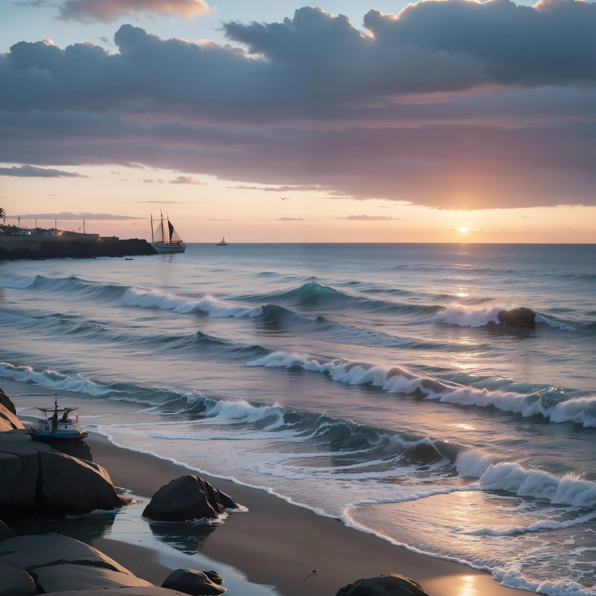 ((masterpiece)), (realistic), (sunset:1.2), (seascape:1.2), (colorful sky), (seagulls:1.1), (beach:1.1), (waves:1.1), (rocks:1.1), (boats:1.1), (reflection:1.2), (silhouette:1.2), (harbor:1.2), (peaceful:1.1), (serene:1.1), (tranquil:1.1), (calming:1.1), (harmonious:1.2),
The sun was setting over the horizon, painting the sky in a breathtaking array of colors. Shades of pink, orange, and yellow blended together to create a vibrant and colorful sky. Seagulls flew gracefully overhead, their wings casting shadows on the calm waters below. The beach was a peaceful and serene place, with waves gently lapping at the shore. Smooth rocks scattered along the coastline, providing a perfect spot for a quiet moment of reflection. Boats floated in the harbor, their masts creating silhouettes against the colorful sky. The reflection of the sky in the water created a harmonious and tranquil atmosphere. As the sun disappeared below the horizon, the sky turned darker, but the sense of calm remained, leaving a feeling of peacefulness and contentment.