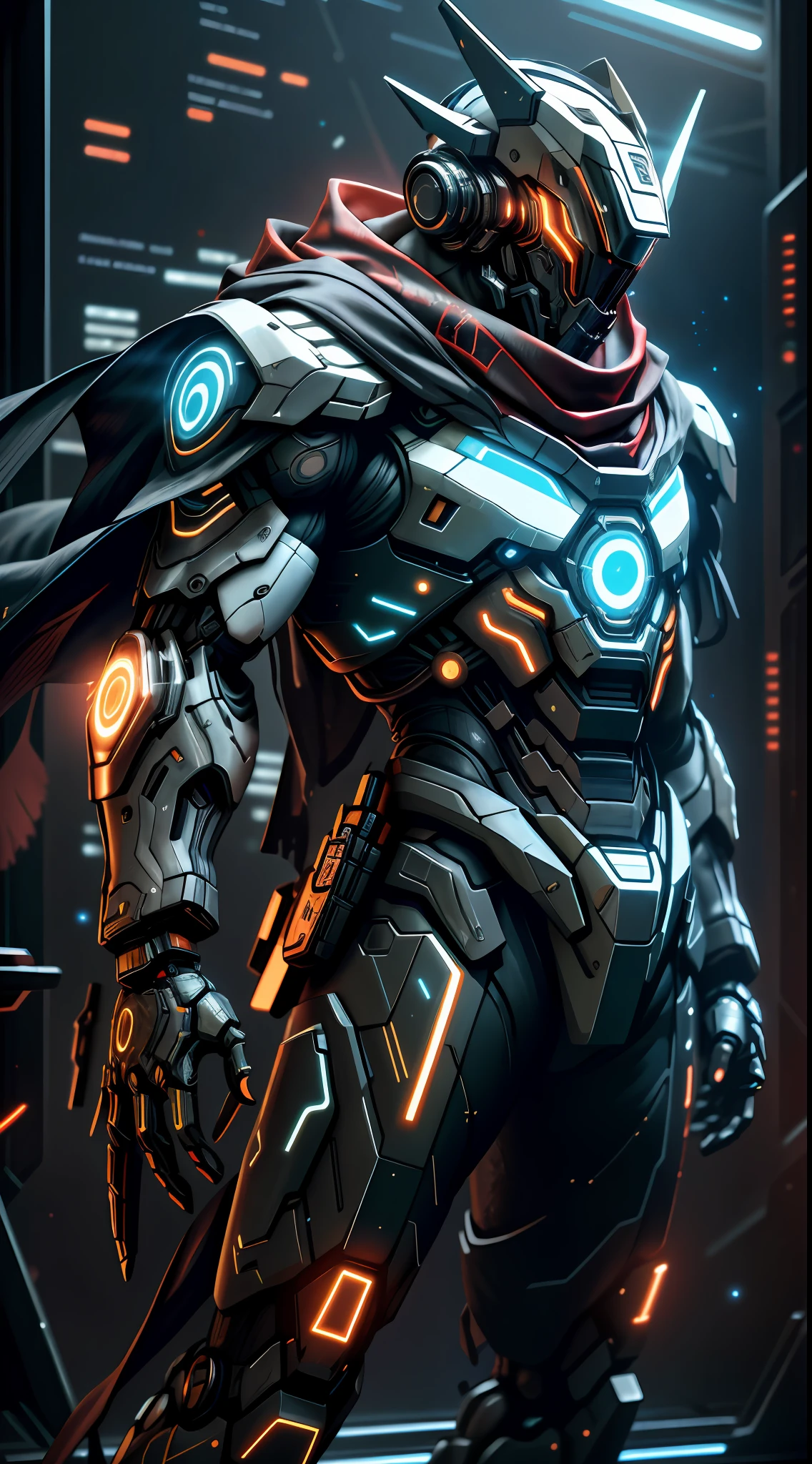 realistic,shiny,reflective,bioluminic, galactic cybernetic mask,mecha,(assassin:1.2),scarf,cloak,sh4g0d,GlowingRunes_red,fullbody,cinemnatic,dark background,backlight,high contrast,
