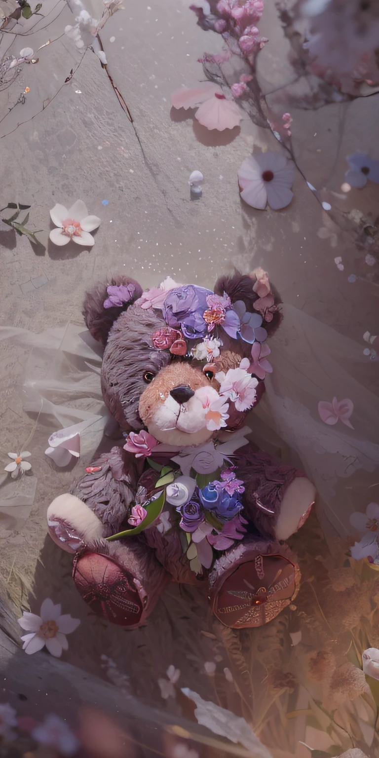 There is a teddy bear wearing flowers on the ground, made of flowers, toy bear, made of flowers and berries, made of dried flowers, made of flowers and leaves, the girl made out of flowers, resin and clay art, masha krasnova, laying teddy bear, miniature bear, maxim sukharev, with frozen flowers around her, covered in flowers