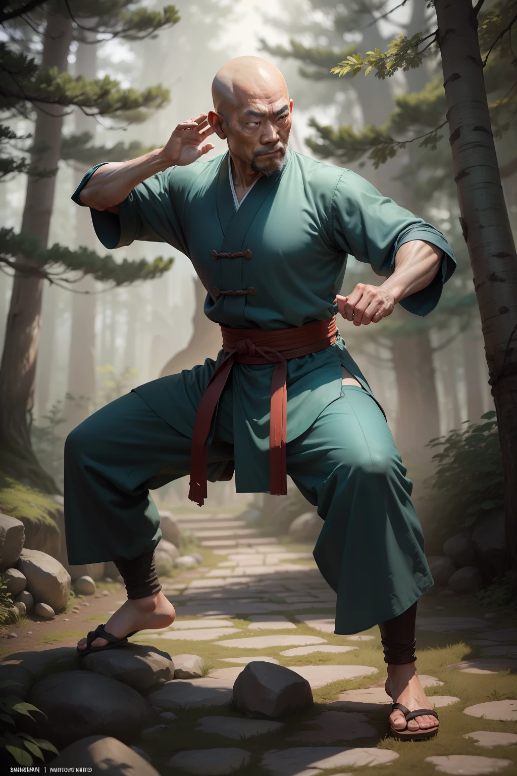 ancient elder shaolin monk in worn-out clothes practicing kung fu forms in hidden forest garden dynamic windy weather proportional eyes, (realistic:1.5),photorealistic, hyper realistic, (extremely detailed eyes), hyper detailed, soft lighting, (detailed background), extreme detail background, sharp details, ((full body)),