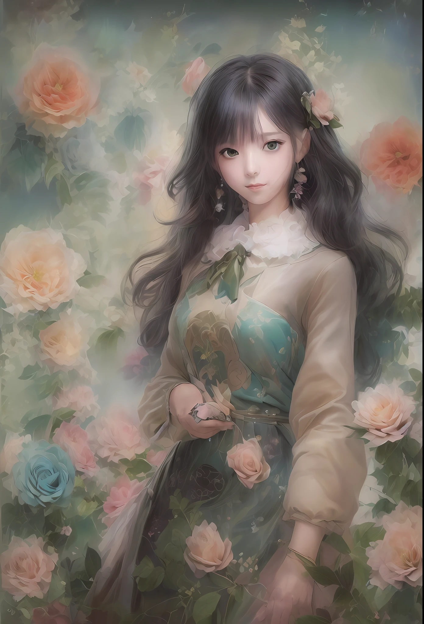 low angles、(catss、😇、A smile、😌🥰Archaic Smile).hyper realstic、Ultra-realistic、Depiction of the human body without distortion、Monna Lisa、Woman in Arms、Near and far law、Three-dimensional、Contemporary painting、moderno、world masterpiece、collection、Homage to the art or artist work of Picasso and Renoir, Not sentimental、Excellent portrayal、Gentle expression、More detailed character faces, Serious competition、Compositions like paintings、(Konmutsuki_Gacha_Series 1, punk_rosette), Realistic、Delicate brushwork、aqua color flowers, (Full body, elegant flowers background)