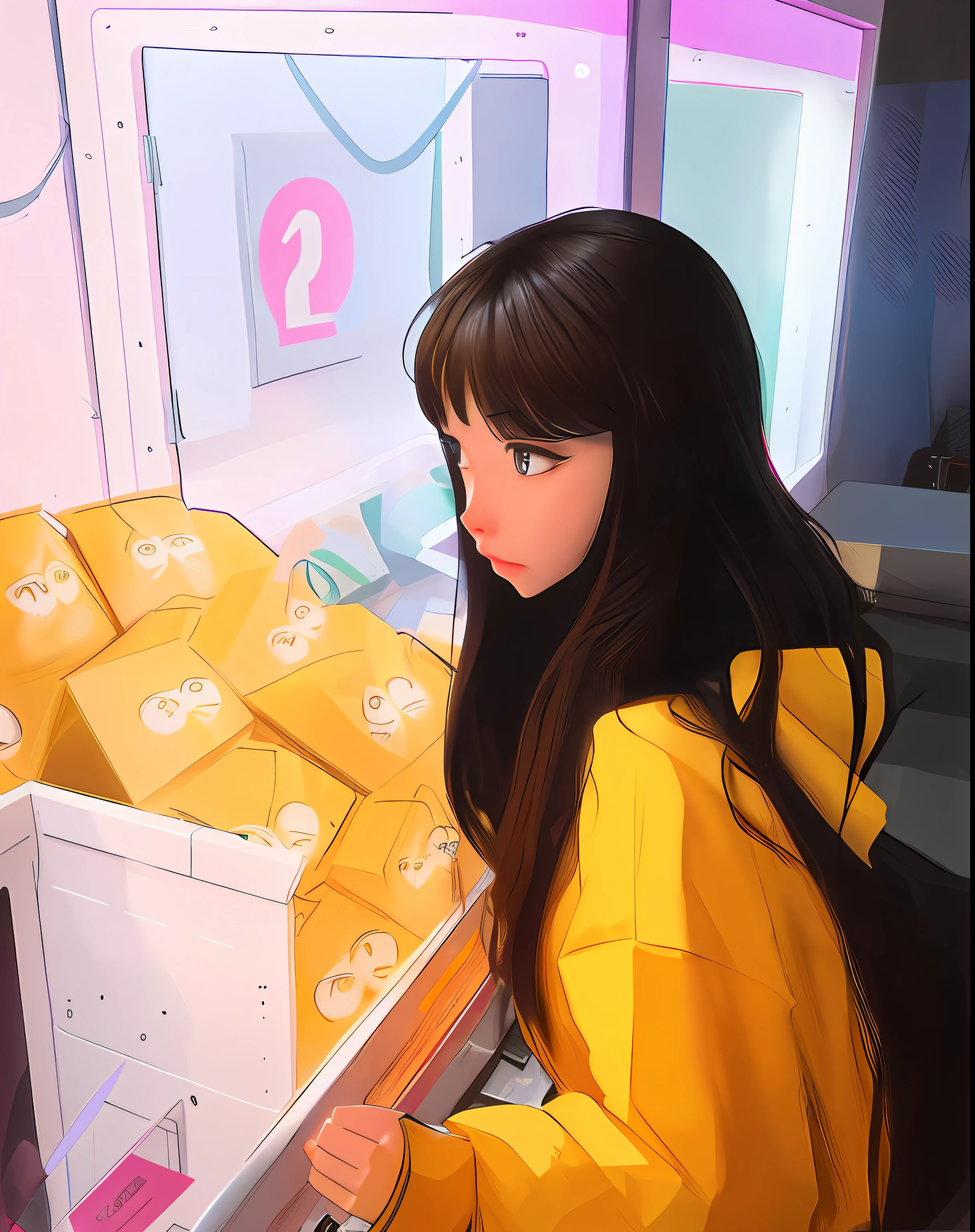 Anime girl playing with doll catching machine, Guviz-style artwork, Digital art Ilya Kuvhinov, Guviz, lofi-girl, ilya kuvshinov with long hair, pixar and ilya kuvshinov, beautiful anime art style, Realistic anime 3 D style, Digital anime illustration, Realistic cute girl painting