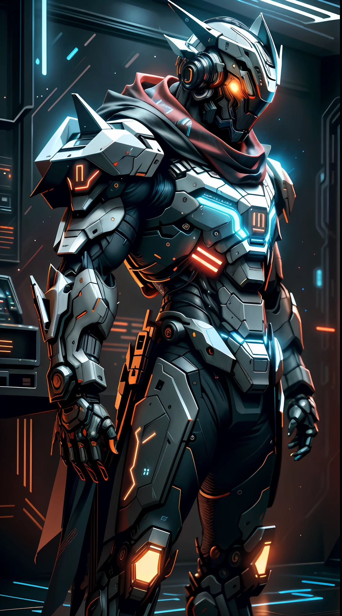 realistic,shiny,reflective,bioluminic, galactic cybernetic mask,mecha,(assassin:1.2),scarf,cloak,sh4g0d,GlowingRunes_red,fullbody,cinemnatic,dark background,backlight,high contrast,