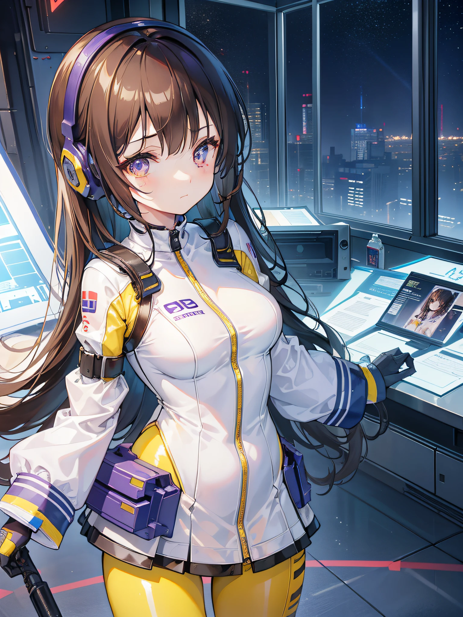 (Overhead view),ultra-detailed, illustration, close-up, straight on, 1girl, ((souryuu Yui Takamura, interface headset, yellow and purple bodysuit:1.4, brunette)),Her eyes shone like dreamy stars,(glowing eyes:1.233),(beautiful and detailed eyes:1.1),(expressionless,closed mouth),(standing), (mechanic room with toolsand spaceship windowin a white SPACESHIP), (night:1.2),dreamy, [[delicate fingers and hands:0.55]::0.85],(detail fingers),