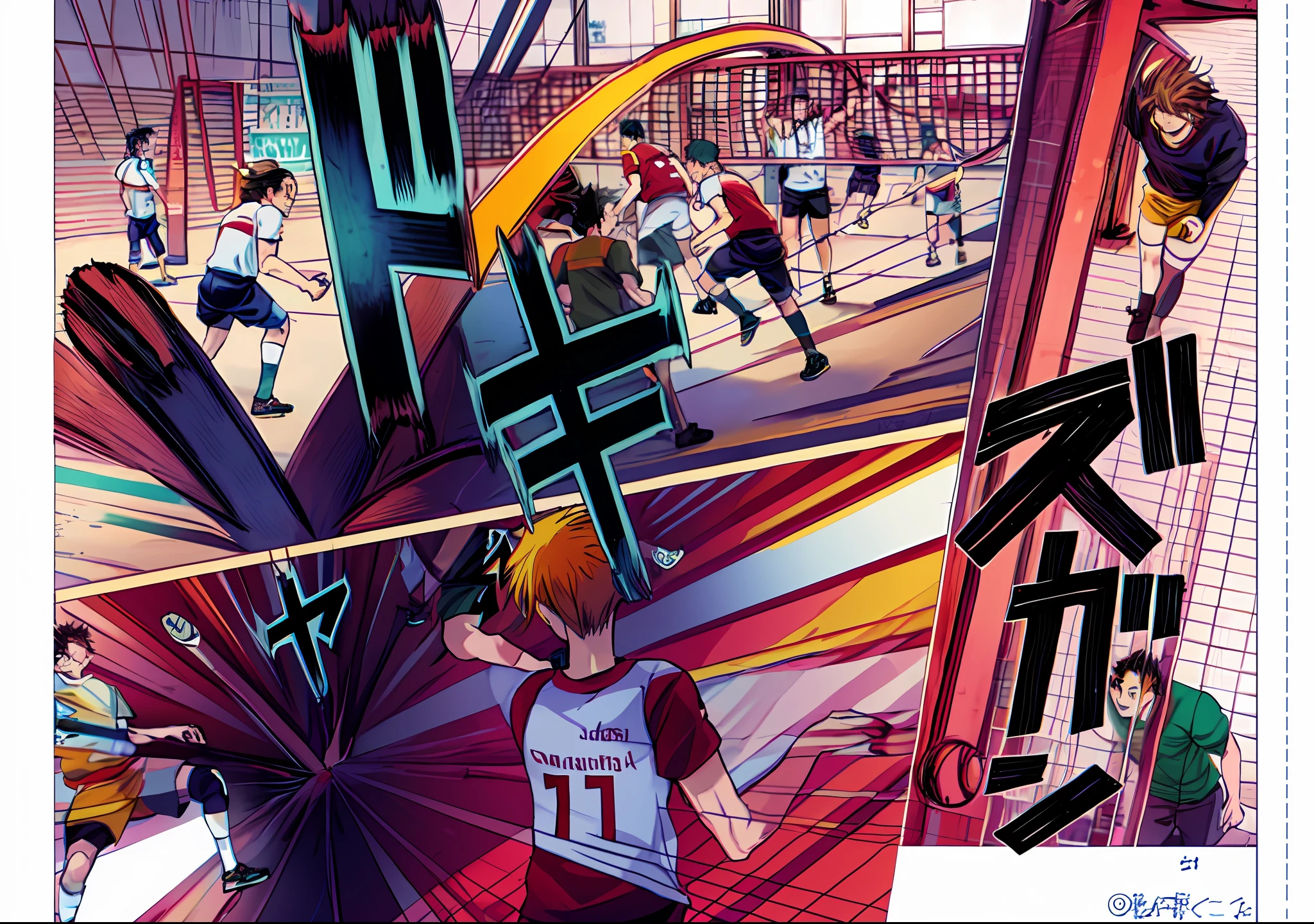 anime of a boys manga volleyball, text manga, color manga, manga color, color manga, color manga panel, simple background