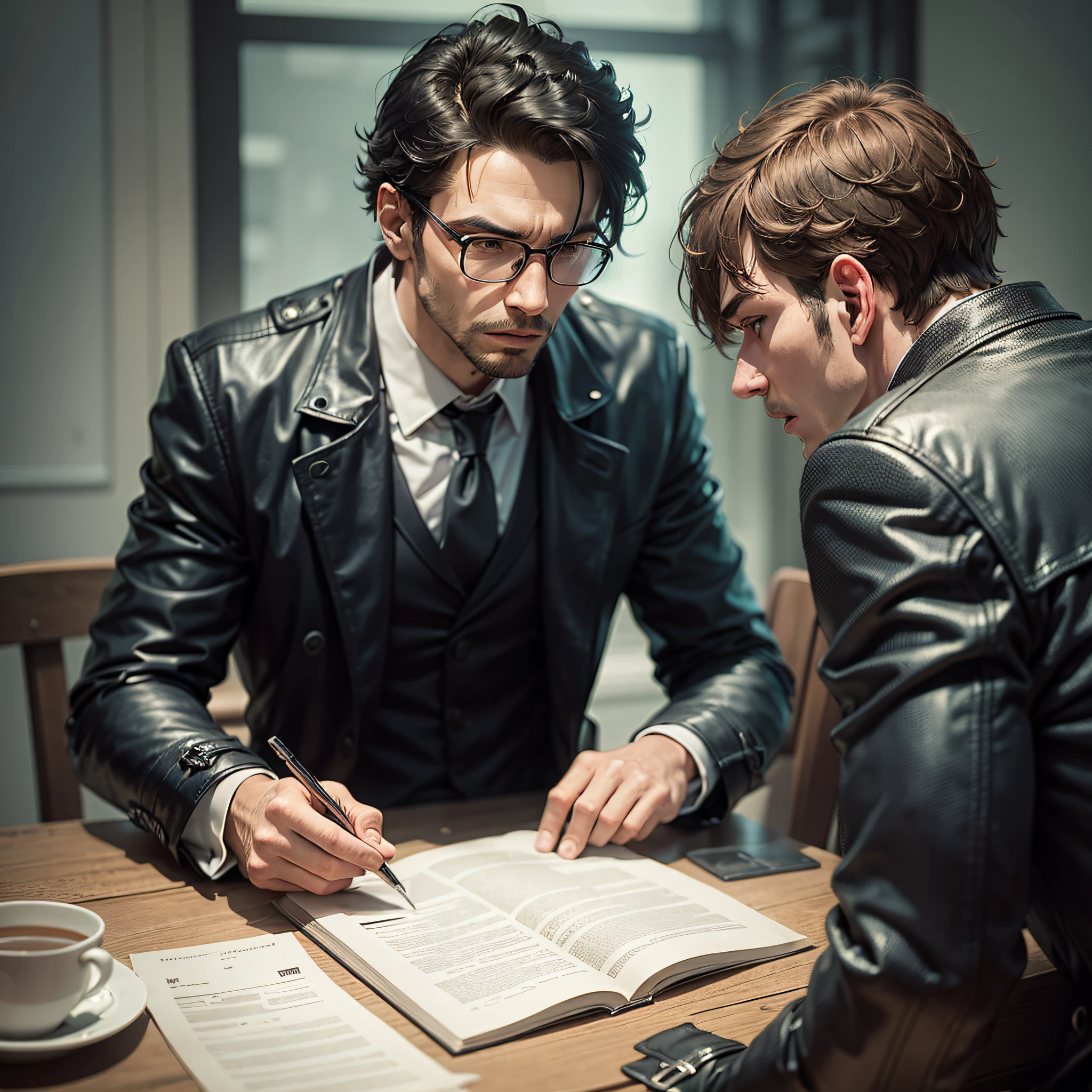 two men arguing on a table, a man in a suit sat across a man in a black leather trench coat, table, dark room, close up, faces