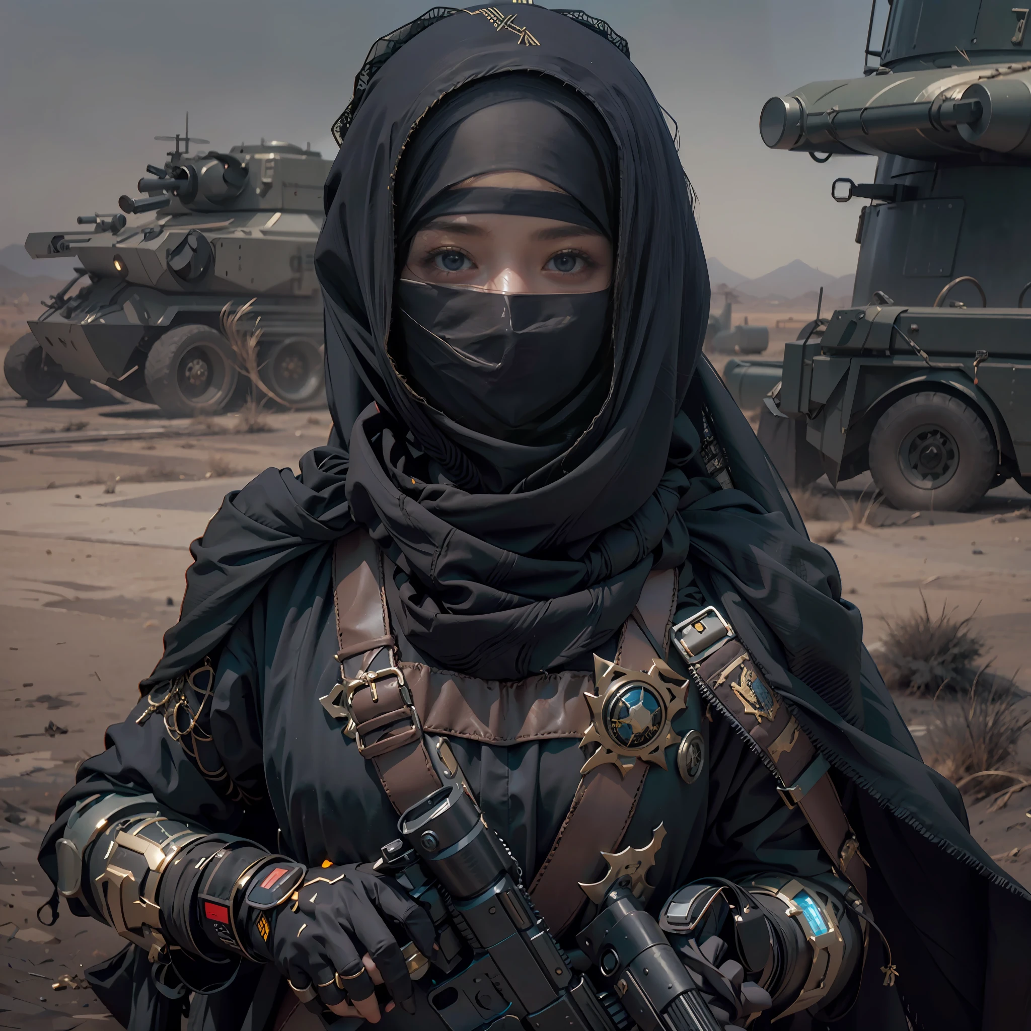 in a panoramic view，photorealestic，cyber punk style，Blue sky, Endless golden desert，Military base in the desert，3girl，Wear a black Arabian-inspired high-tech burqa（burqa），Dressed in gorgeous gold Arabian high-tech clothing，Wearing a black high-tech headscarf（hijab），Black high-tech veil（niqab），High-tech combat equipment hangs on the body，Carry a sci-fi rifle，Sci-fi Saber，Standing in front of a military base，Sharp eyes，professinal，Meistwick，commissioned，best qualtiy，color corrected，After fixation，Retouching，Improvement，Epic，Tone-mapping，the detail， highly  detailed， digitial painting， art  stations， Conceptual map of the long dam， Smoothness， Sharp focus， Beautiful illustration， photore， The light from the back window is backlighted， 动态照明， Mist， 复杂， cinematic grain， professinal， face to the viewer，（Beautiful m3d_woman， Perfect M3D_face,）， Volumetriclighting， subsurfacescattering， Good highlights， Good shadows， cinematic ligh