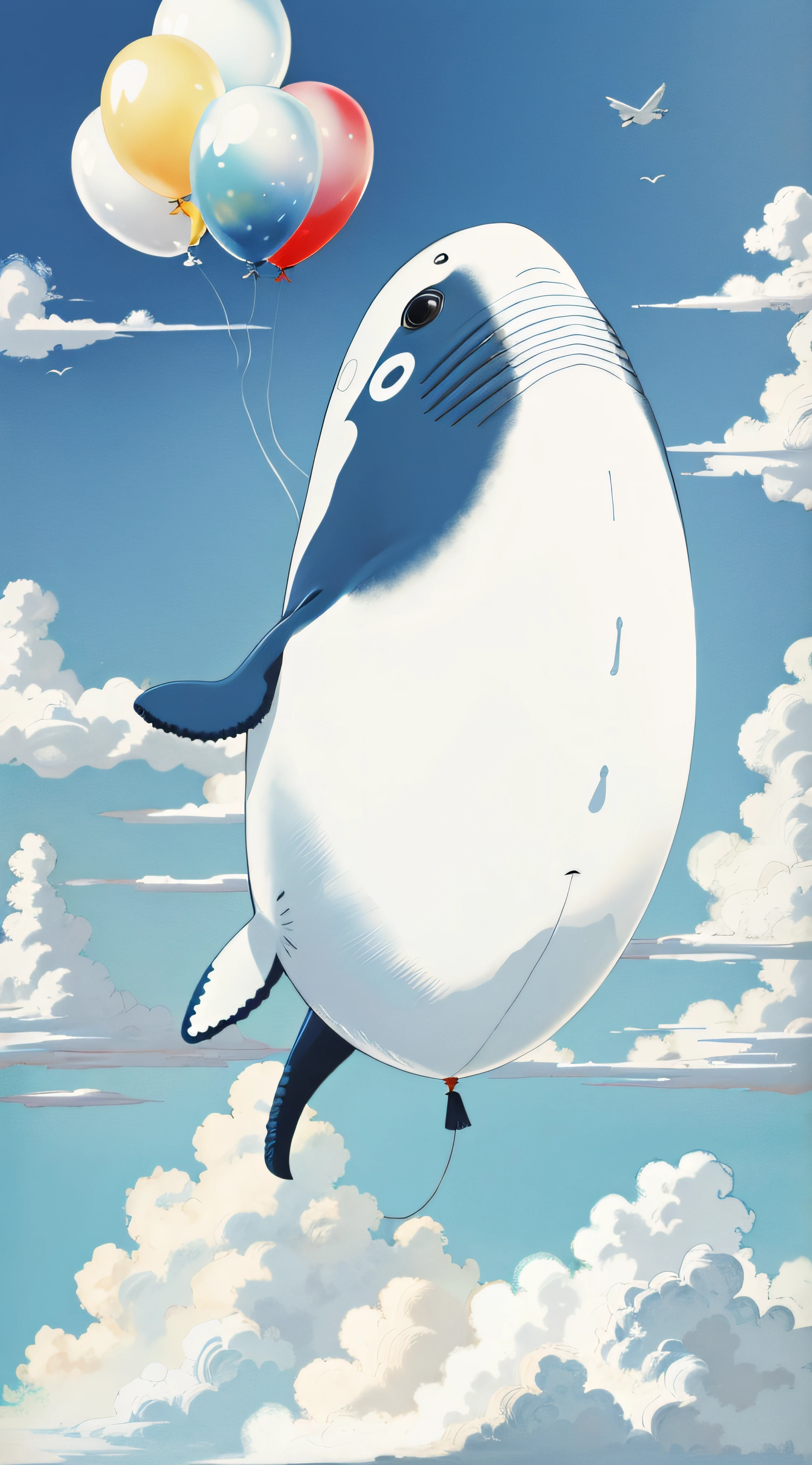 A whale,Fly in the clouds,balloons,with blue sky and white clouds,looks into camera