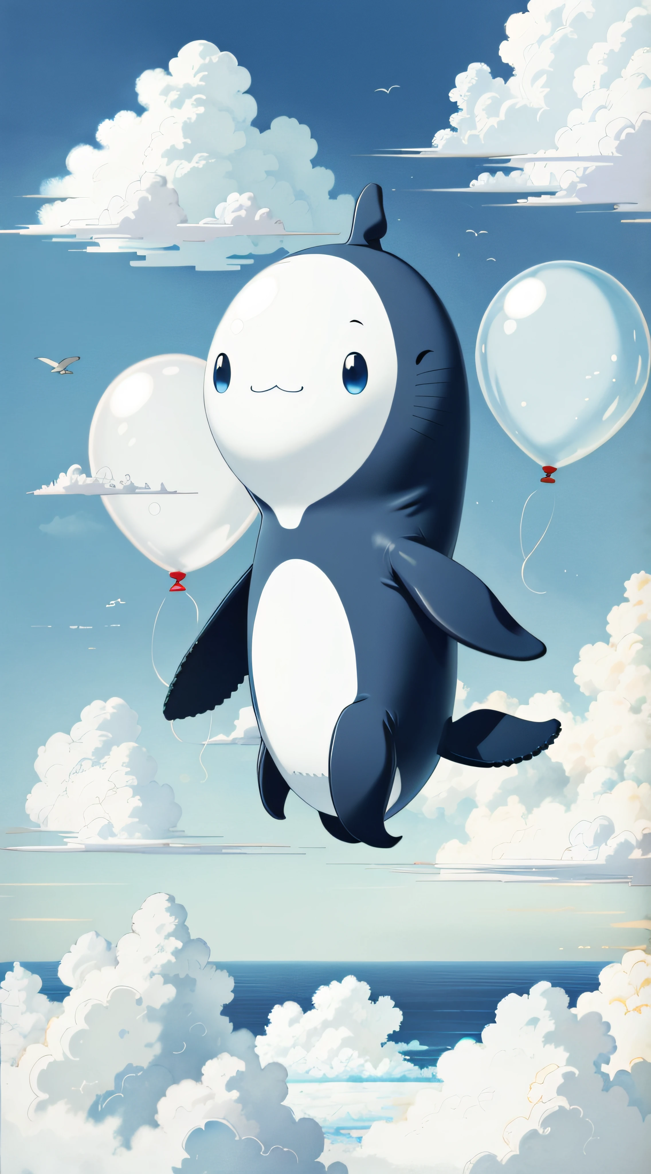 A whale,Fly in the clouds,balloons,with blue sky and white clouds,looks into camera