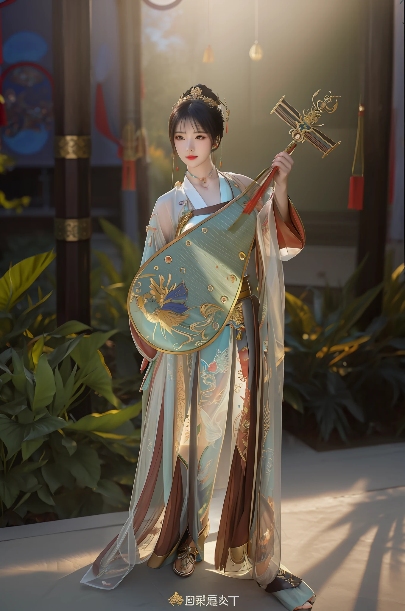 best quality, masterpiece, high resolution, 1girl, chinese han dynasty armor, ancient chinese battlefield, metal armor, metal collar, hair accessory, necklace, jewelry, beautiful face, upon_body, tyndall effect, realistic, dark studio, edge lighting, duotone lighting, (high detail skin:1.2), 8k uhd, dslr camera, soft lighting, high quality, volumetric lighting, frank, photos, high resolution, 4k, 8k, bokeh, green bikini armor, Chest embroidered phoenix, tight,