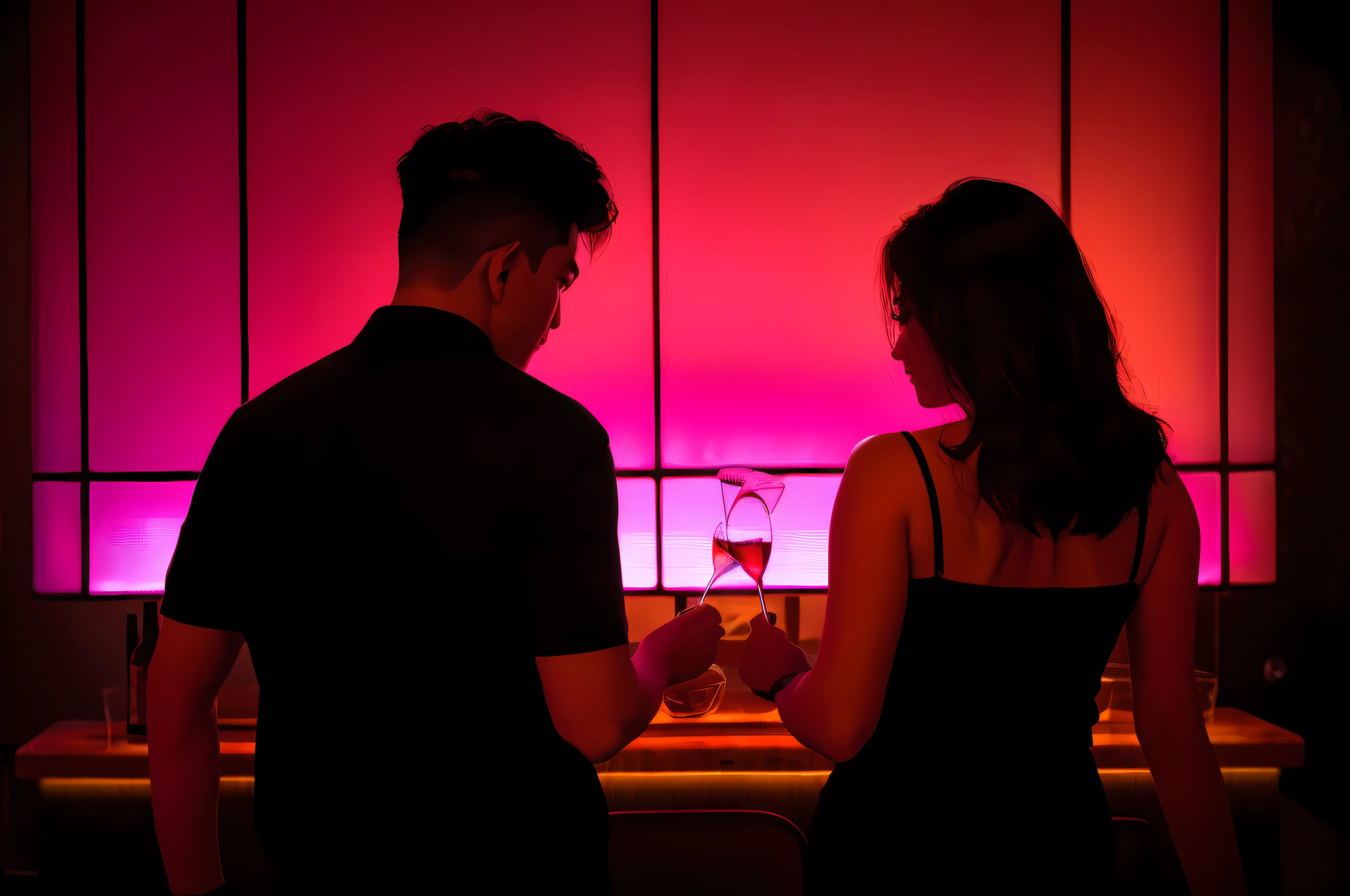 They stood in front of the red light bar, red and cinematic lighting, nightlife, couple,Both men and women have good figures,Backs with smiles on each other's faces,atmospheric red lighting, at a bar, shot on leica sl2, drinking at the bar, in the night club, Bisexual lighting, in style of kar wai wong, ,Hyper-realistic style,8 0 s asian neon movie still, cinematic Red lighting, Clink glasses with wine glasses