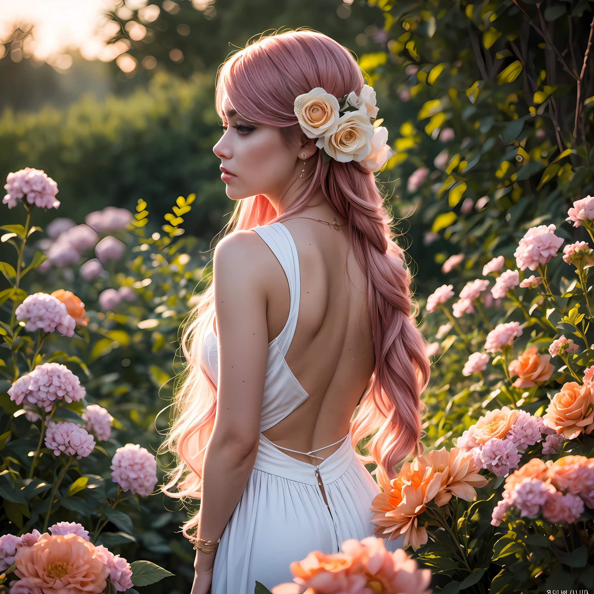 white dress, sunset, among the flowers, woman, flower garden, looking at viewers, from behind, pink hair, long hair, medium shot, hair pins, orange eyes, starled, blush, (orange:1.2),