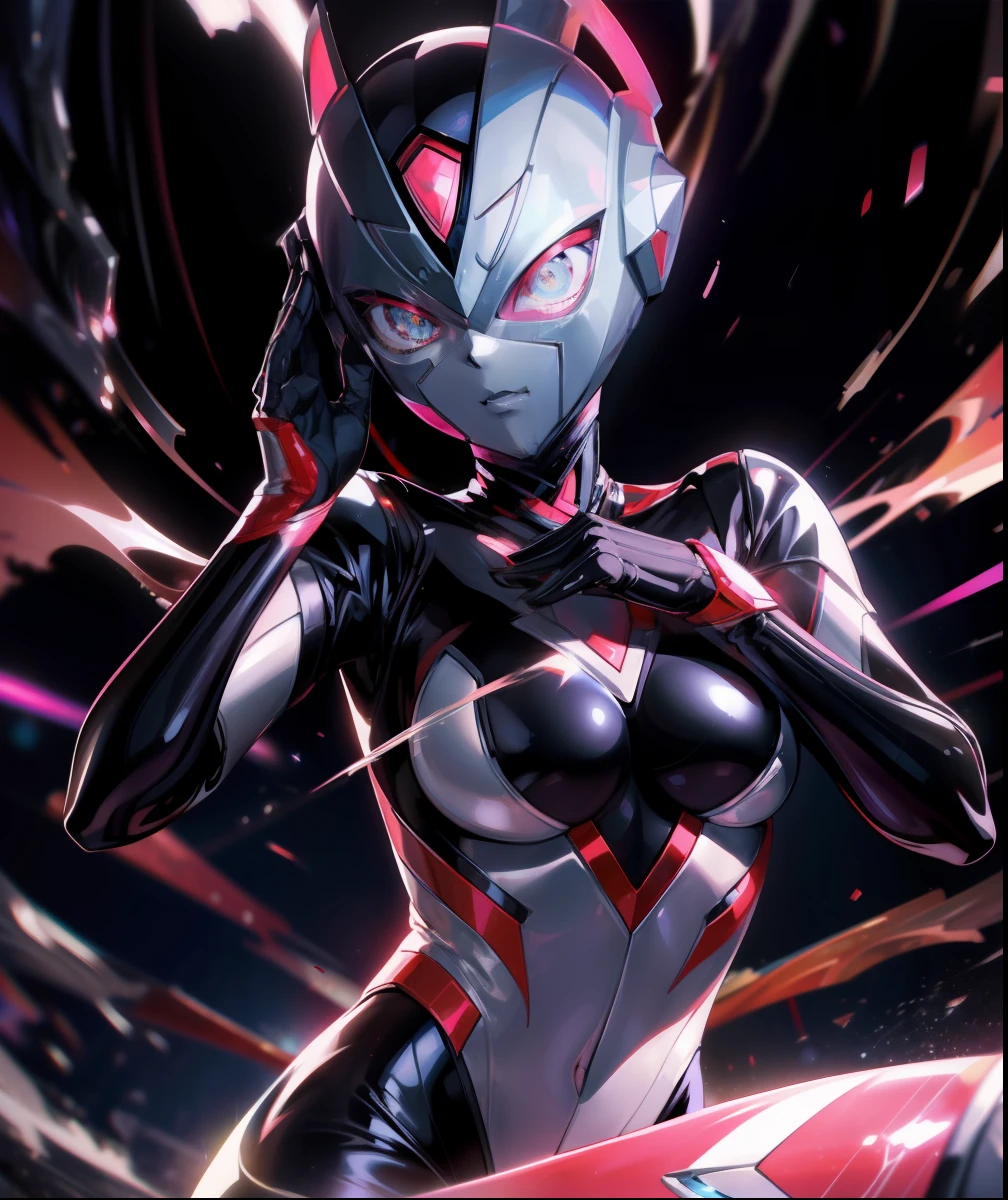 The beautiful figure of Ultraman Woman。Cover his true face with a black mask。Female Solo。Drossel's eyes shine。The whole body is covered with a black bodysuit。One female protagonist。Pink lines color the whole body beautifully...。The chest has a radiant core。Active Pose。