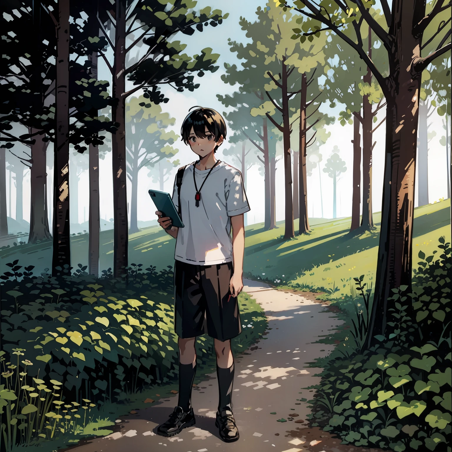 In the woods,A boy stood straight,A surprised look on his face,Mobile phone in hand