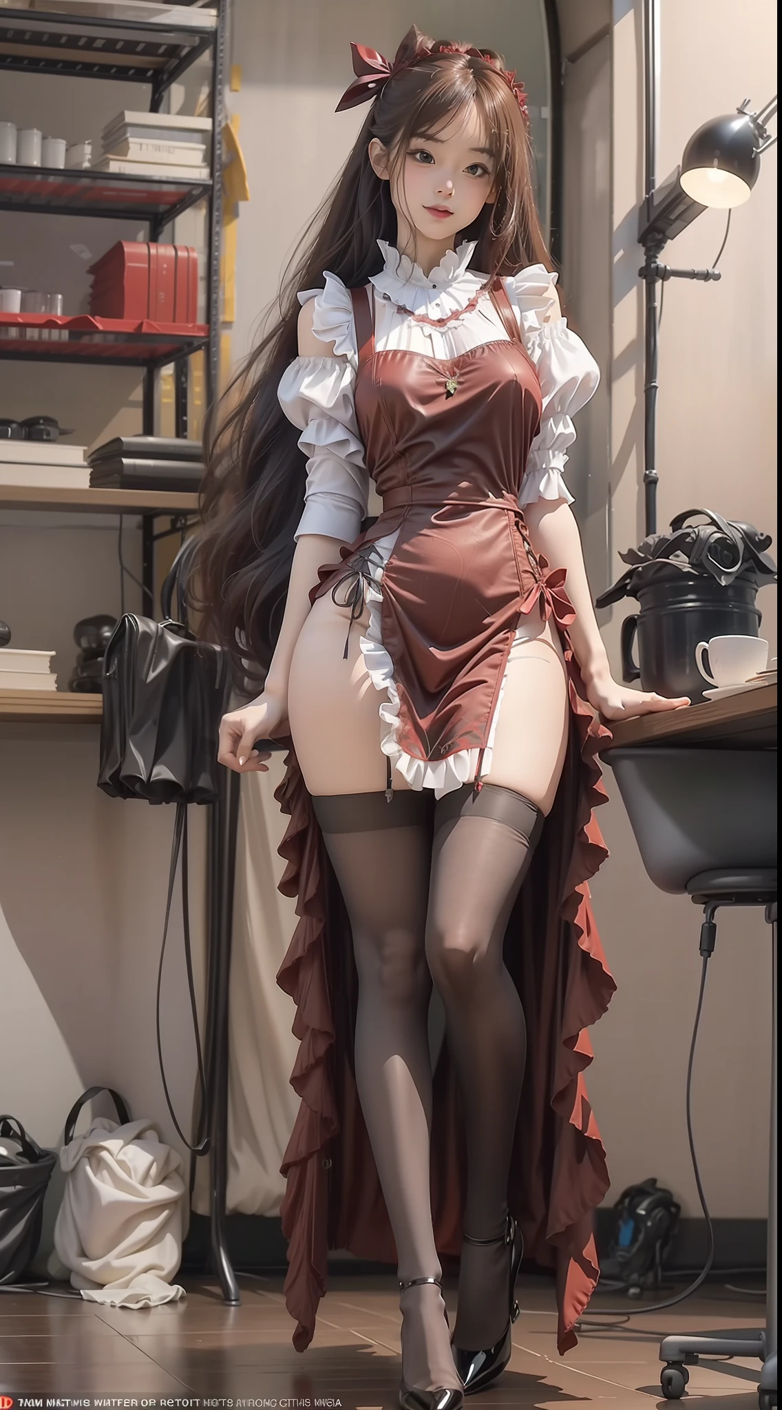 (Full body shot ：2), （Full Focus：1.3）， girlfriend,The character wears an embroidered dress with a red and green color scheme， Satin clothing，High-heeled leather shoes,， long leges,, Heavy makeup, A shallow laugh, Must show your face, Must have stockings, Stocking tights, hyper HD, Ray traching, structurally correct, anatomy correct, Award-Awarded, High detail, Chiaroscuro, Cinematic lighting, Masterpiece, Super detail, High quality, High details, Best quality, 16k