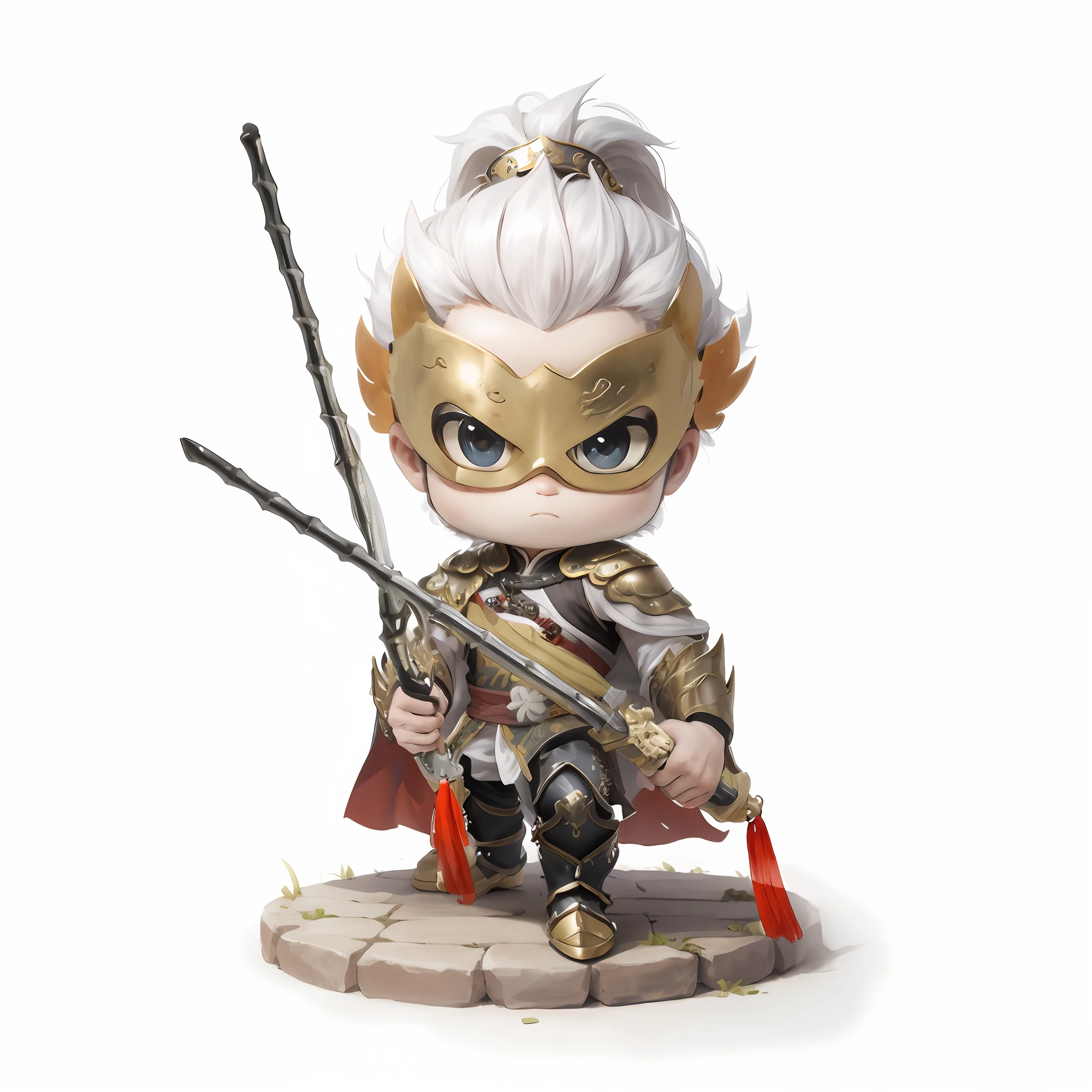 of a guy,Hold the iron whip in both hands,Silver slender bamboo weapon,whaite hair,China Cold Weapons,Chibi anime characters,Chinese style,Chinese costumes,Chinese shoes,Refinement,Cloak,Hold the rod with your backhand,Chinese pattern,Silver armor,Horse steps,Determined eyes,with a determined look in his eyes,high definition detail,infinite details,tmasterpiece,HighestQuali,8K combat stance, confident heroic pose, mid view