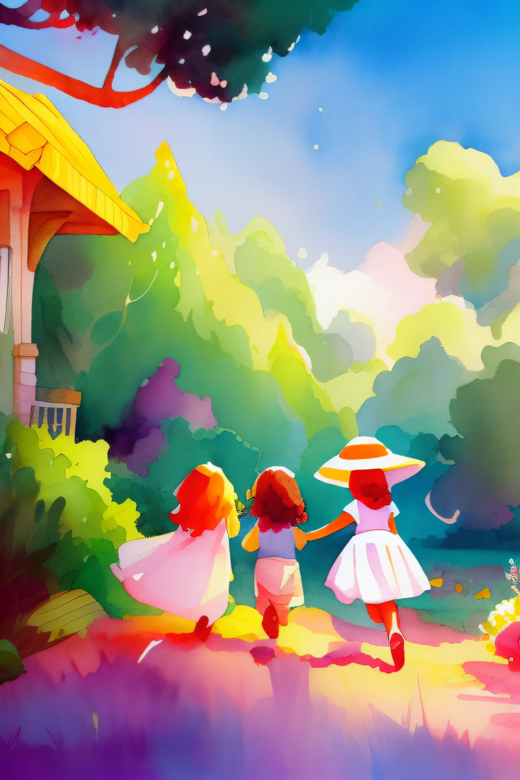 New scenes，Children's illustration watercolor style，Mellow Atmosphere，Beautiful characters or scenes，Cheerful theme，Washing tips，high saturated。