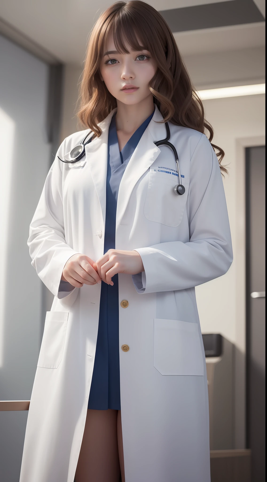 (8k, RAW Photo, Best Quality, Masterpiece: 1.2), (Realistic, Realistic: 1.37), Ultra High Resolution, Photon Mapping, Physically Based Rendering, 1 doctor girl, doctor coat, long curly hair, bangs, standing, hospital,
