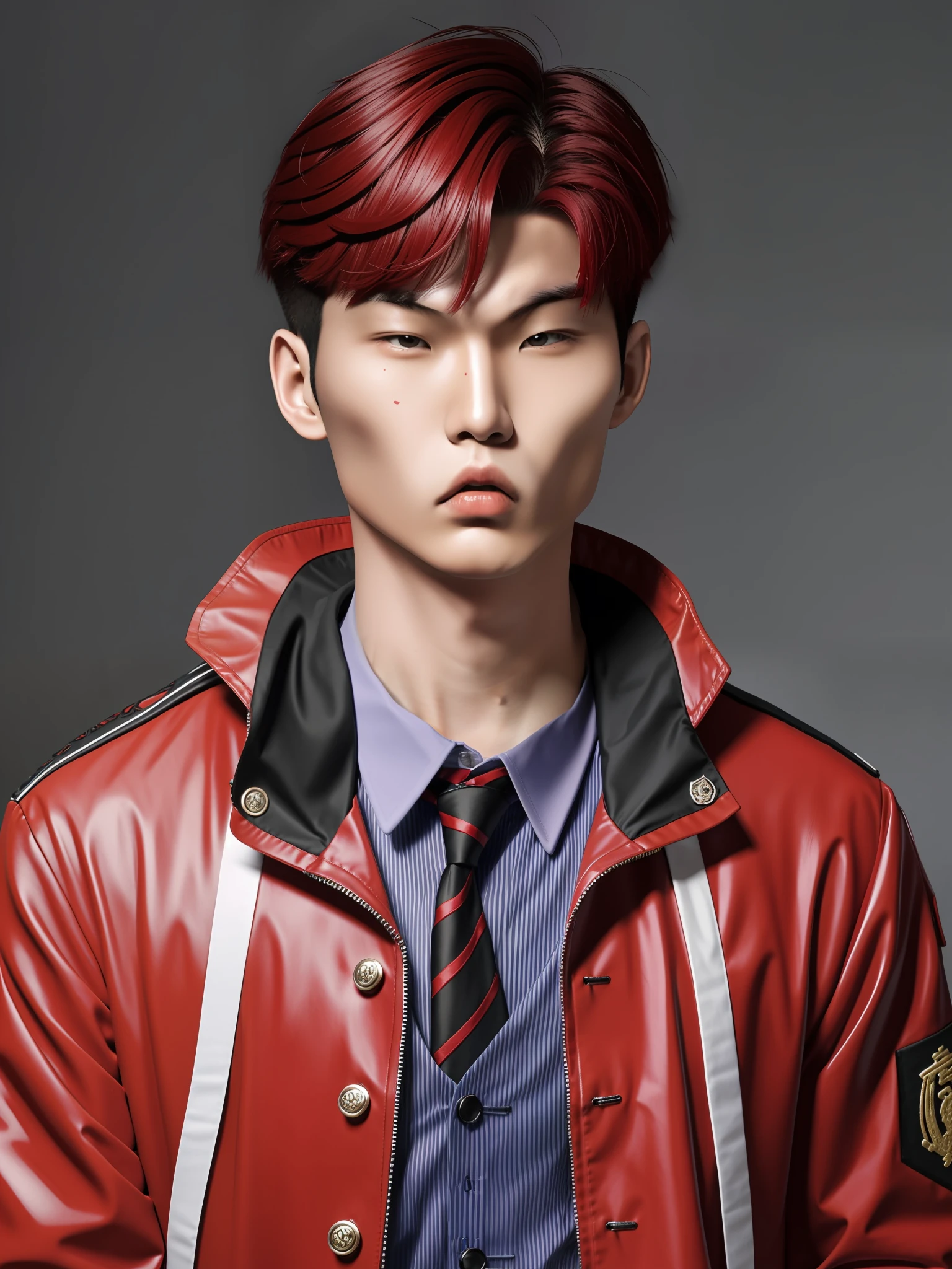 A Chinese male high school student,PVC red school uniform,red tinted hair