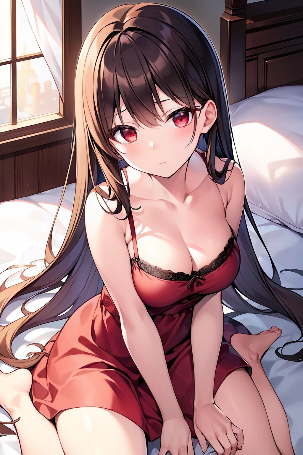 Amazing, 最好质量 , Ultra-detailed, A high resolution, Extremely detailed,Best quality ,Masterpiece, illustration, An extremely delicate and beautiful, Extremely detailed ,CG ,8K wallpaper, Amazing, finedetail, Masterpiece,Best quality,offcial art,,closeup cleavage,volumettic light,Mood lighting,((the night)),Dark,𝓡𝓸𝓶𝓪𝓷𝓽𝓲𝓬,True light source,1girll,thighs focus,brunette color hair,((Suspender red silk nightdress)),sit on a bed,Red silk futon,smallunderboob,Spread your legs on the M-line,Bare legs,