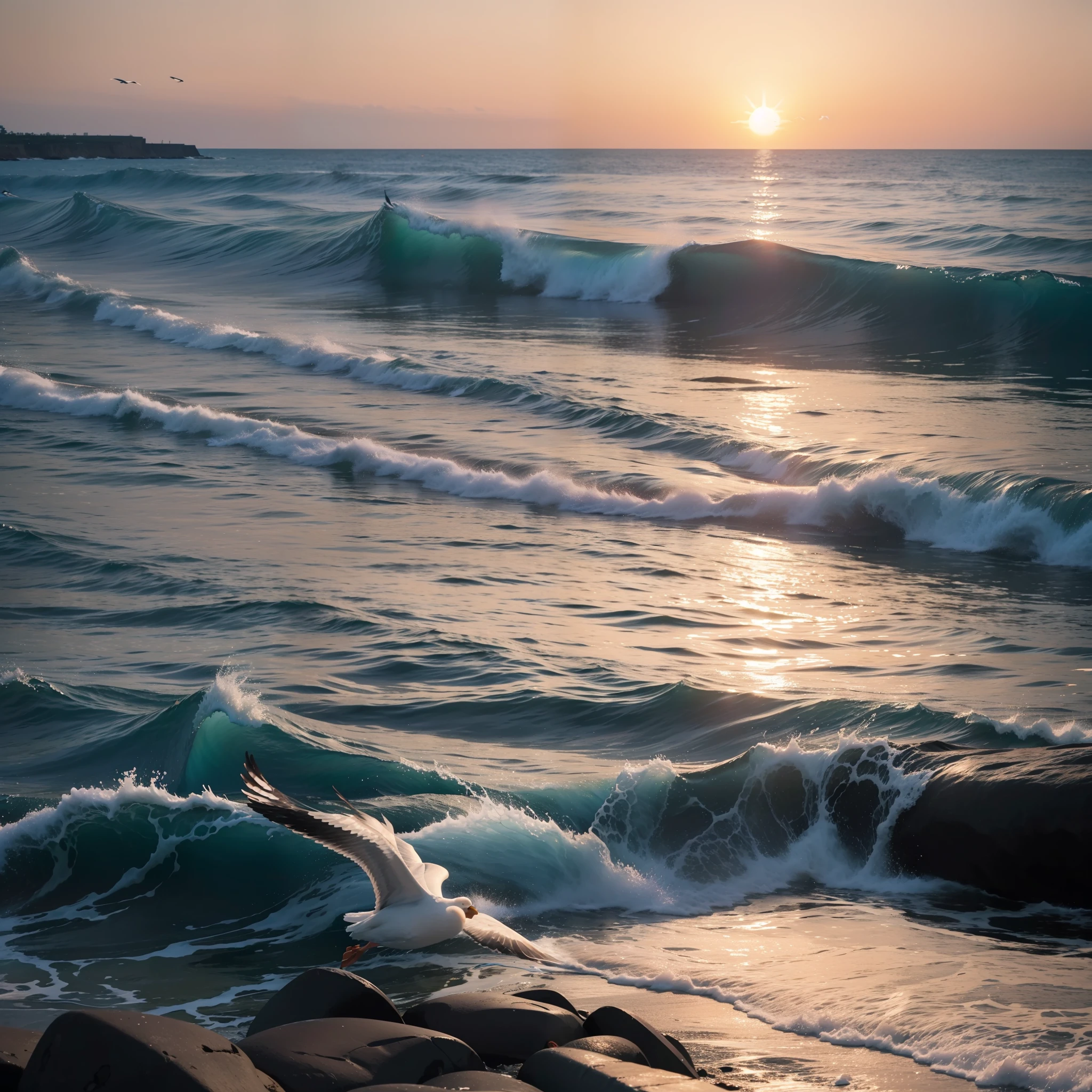 ((masterpiece)), (realistic), (sunset:1.2), (seascape:1.2), (colorful sky), (seagulls:1.1), (beach:1.1), (waves:1.1), (rocks:1.1), (boats:1.1), (reflection:1.2), (silhouette:1.2), (harbor:1.2), (peaceful:1.1), (serene:1.1), (tranquil:1.1), (calming:1.1), (harmonious:1.2),
The sun was setting over the horizon, painting the sky in a breathtaking array of colors. Shades of pink, orange, and yellow blended together to create a vibrant and colorful sky. Seagulls flew gracefully overhead, their wings casting shadows on the calm waters below. The beach was a peaceful and serene place, with waves gently lapping at the shore. Smooth rocks scattered along the coastline, providing a perfect spot for a quiet moment of reflection. Boats floated in the harbor, their masts creating silhouettes against the colorful sky. The reflection of the sky in the water created a harmonious and tranquil atmosphere. As the sun disappeared below the horizon, the sky turned darker, but the sense of calm remained, leaving a feeling of peacefulness and contentment.