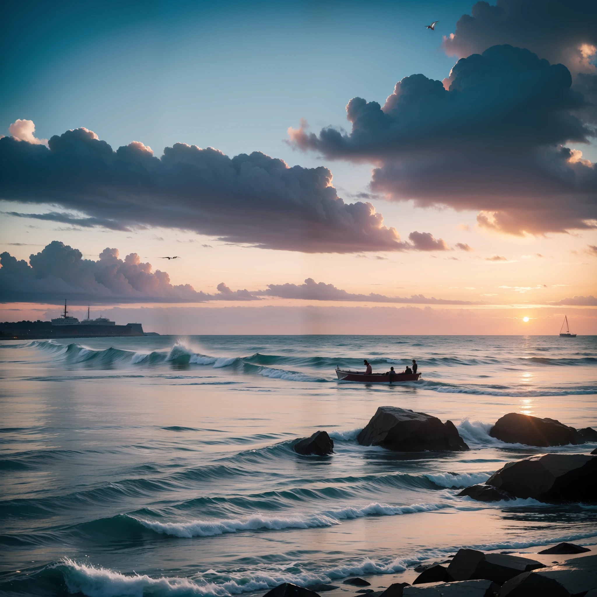 ((masterpiece)), (realistic), (sunset:1.2), (seascape:1.2), (colorful sky), (seagulls:1.1), (beach:1.1), (waves:1.1), (rocks:1.1), (boats:1.1), (reflection:1.2), (silhouette:1.2), (harbor:1.2), (peaceful:1.1), (serene:1.1), (tranquil:1.1), (calming:1.1), (harmonious:1.2),
The sun was setting over the horizon, painting the sky in a breathtaking array of colors. Shades of pink, orange, and yellow blended together to create a vibrant and colorful sky. Seagulls flew gracefully overhead, their wings casting shadows on the calm waters below. The beach was a peaceful and serene place, with waves gently lapping at the shore. Smooth rocks scattered along the coastline, providing a perfect spot for a quiet moment of reflection. Boats floated in the harbor, their masts creating silhouettes against the colorful sky. The reflection of the sky in the water created a harmonious and tranquil atmosphere. As the sun disappeared below the horizon, the sky turned darker, but the sense of calm remained, leaving a feeling of peacefulness and contentment.