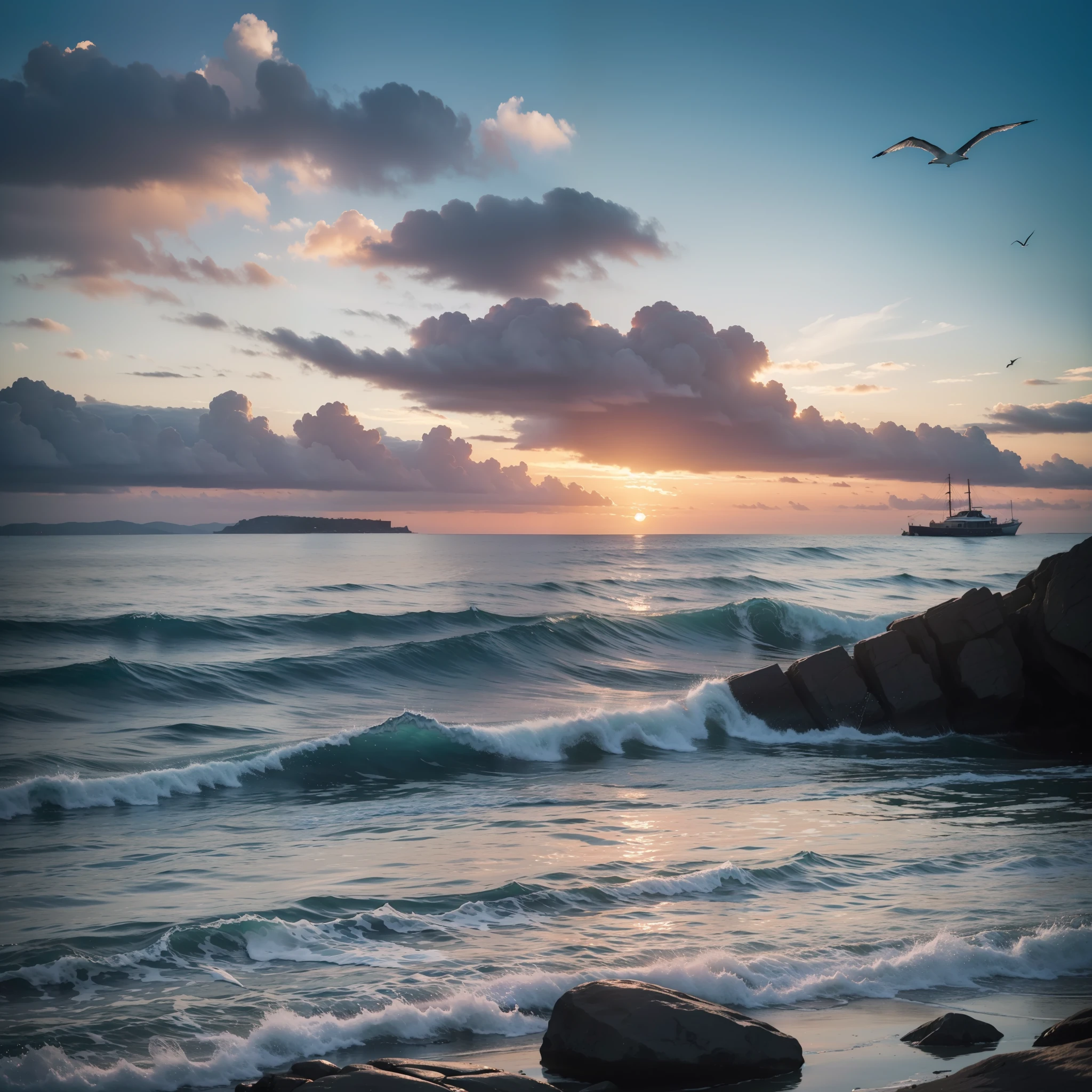 ((masterpiece)), (realistic), (sunset:1.2), (seascape:1.2), (colorful sky), (seagulls:1.1), (beach:1.1), (waves:1.1), (rocks:1.1), (boats:1.1), (reflection:1.2), (silhouette:1.2), (harbor:1.2), (peaceful:1.1), (serene:1.1), (tranquil:1.1), (calming:1.1), (harmonious:1.2),
The sun was setting over the horizon, painting the sky in a breathtaking array of colors. Shades of pink, orange, and yellow blended together to create a vibrant and colorful sky. Seagulls flew gracefully overhead, their wings casting shadows on the calm waters below. The beach was a peaceful and serene place, with waves gently lapping at the shore. Smooth rocks scattered along the coastline, providing a perfect spot for a quiet moment of reflection. Boats floated in the harbor, their masts creating silhouettes against the colorful sky. The reflection of the sky in the water created a harmonious and tranquil atmosphere. As the sun disappeared below the horizon, the sky turned darker, but the sense of calm remained, leaving a feeling of peacefulness and contentment.