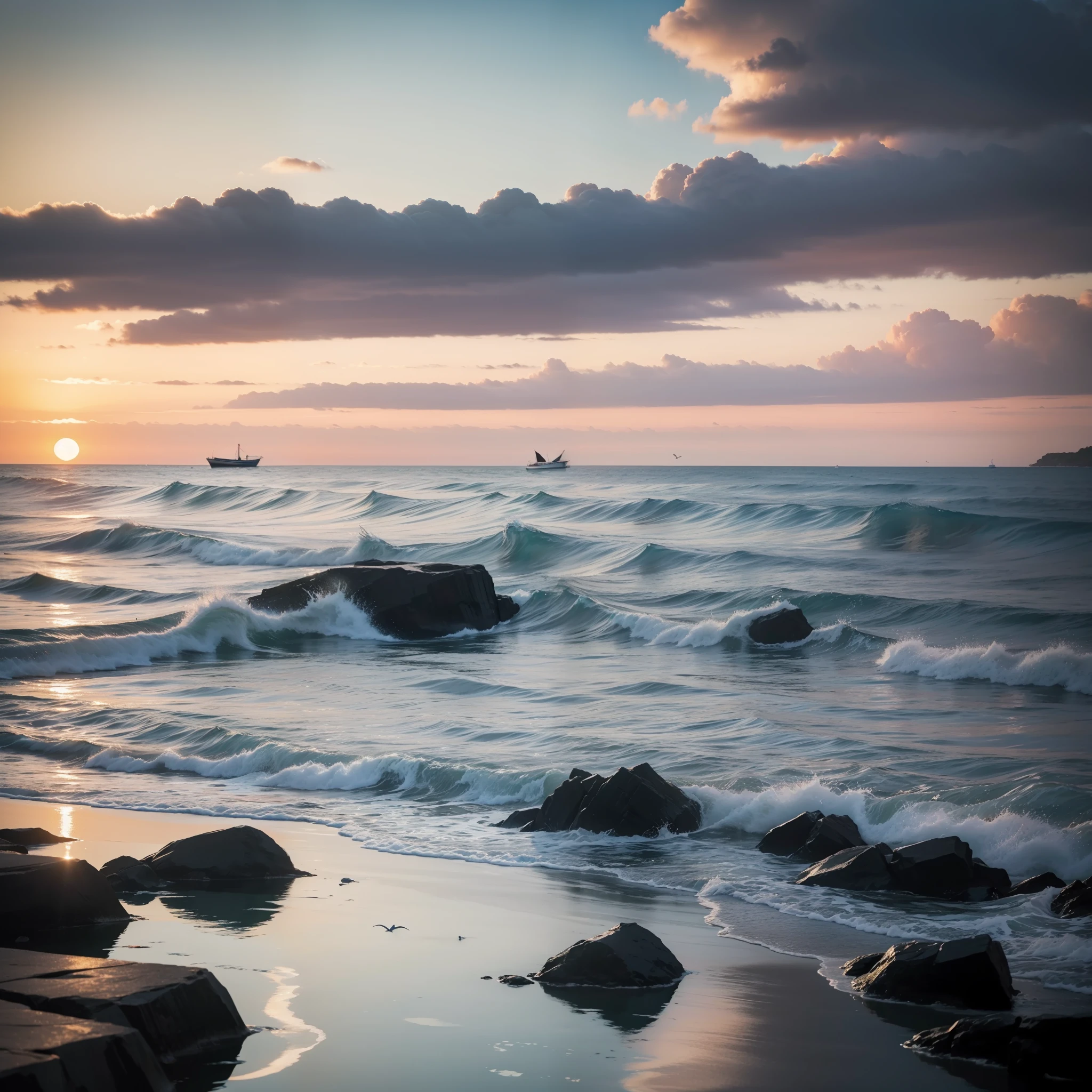 ((masterpiece)), (realistic), (sunset:1.2), (seascape:1.2), (colorful sky), (seagulls:1.1), (beach:1.1), (waves:1.1), (rocks:1.1), (boats:1.1), (reflection:1.2), (silhouette:1.2), (harbor:1.2), (peaceful:1.1), (serene:1.1), (tranquil:1.1), (calming:1.1), (harmonious:1.2),
The sun was setting over the horizon, painting the sky in a breathtaking array of colors. Shades of pink, orange, and yellow blended together to create a vibrant and colorful sky. Seagulls flew gracefully overhead, their wings casting shadows on the calm waters below. The beach was a peaceful and serene place, with waves gently lapping at the shore. Smooth rocks scattered along the coastline, providing a perfect spot for a quiet moment of reflection. Boats floated in the harbor, their masts creating silhouettes against the colorful sky. The reflection of the sky in the water created a harmonious and tranquil atmosphere. As the sun disappeared below the horizon, the sky turned darker, but the sense of calm remained, leaving a feeling of peacefulness and contentment.