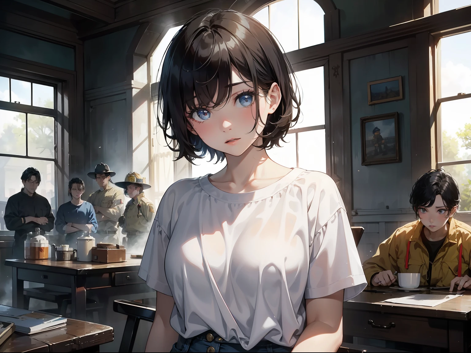 Masterpiece, Best quality, A group of firefighters,Facing 1 girl,with short black hair,White complexion、White T blue jeans,Realisticstyle,In a shabby room,The light shone on the frightened side face of the girl;