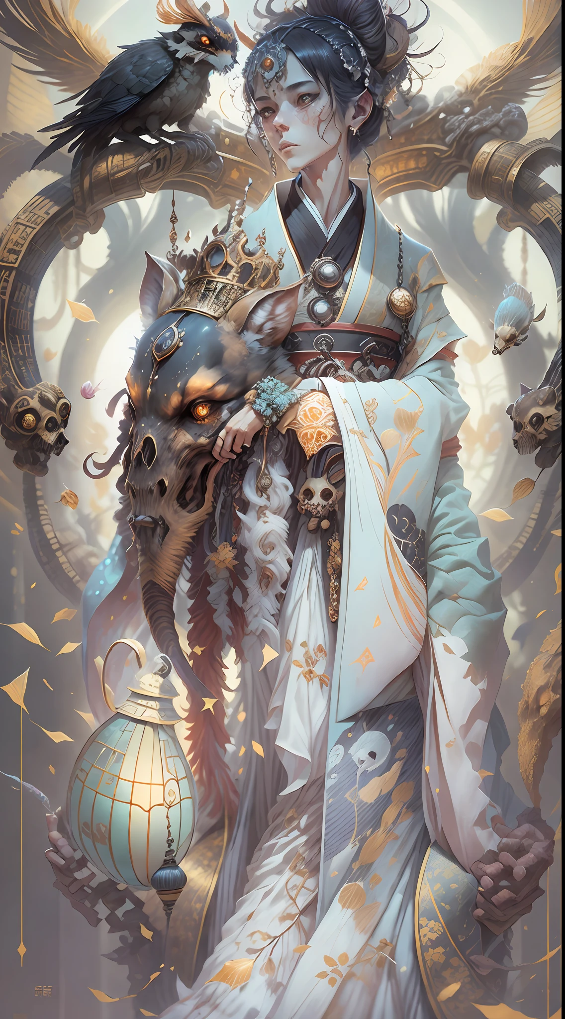 3D young and handsome((Male aristocracy))Close-up - portrait with a crown,Wear a ram skull。Beautiful and complex Japanese crow, Fox mask and breadcrumbs Japanese kimono。a betta fish, jellyfish pheonix, Bio-luminescence, Plasma, icey, Eau, ventania, organism, Wu Ya and WLOP and works by Bippel and Greg Rutkovsky, creature00d, (Amber theme:0.7), mtu, mathematician,