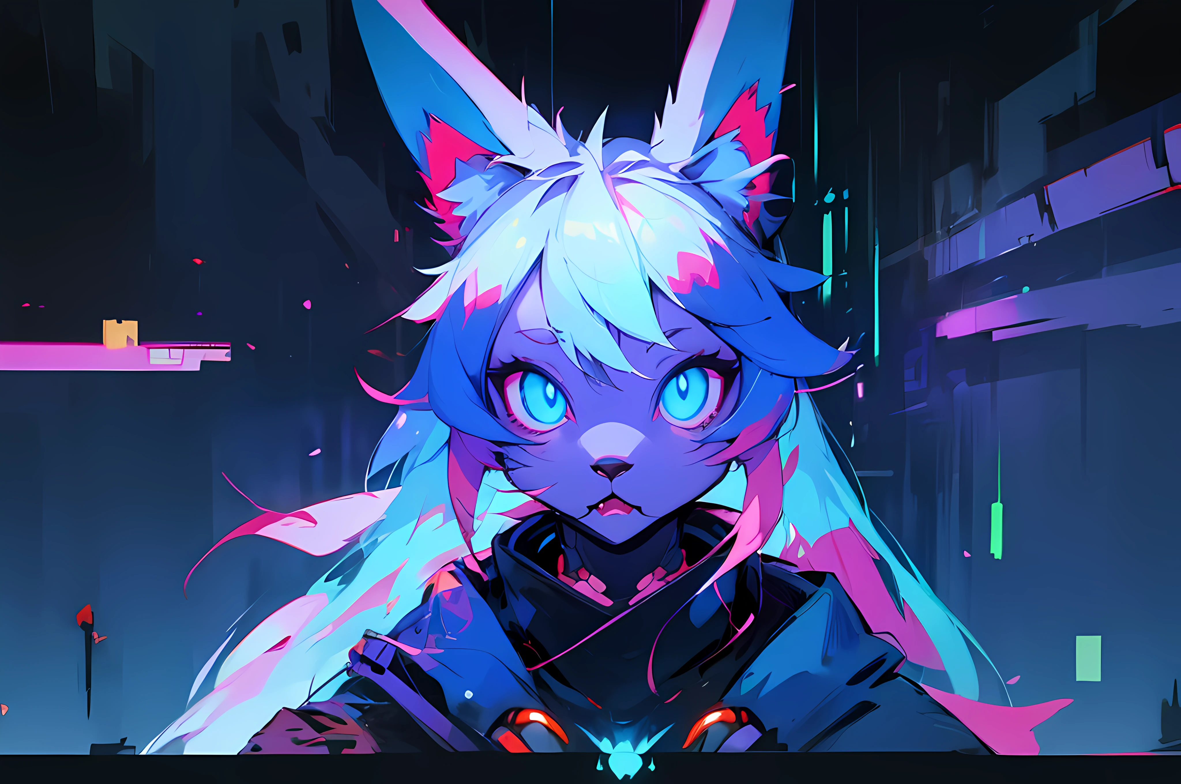 (vintage vhs), (crt screenshot), (Zen, Amy Sol style), (((blue anthro kemono furry rabbit))), underground cavern shining flashlight in old ruins, scene from a show about a blue anthro furry kemono rabbit who investigates deep space crime, (vast decrepit scenery:1.2) blame! style, nightmarish illustration, glowing eyes everywhere, intense eye contact, hybrid human / anthro, electrixbunny, rabbit anthro portrait, ((portrait)), bunnypunk, weirdcore voidpunk fursona, wearing bunny ears, cover art with light abstraction, abstract, simple vector art, contemporary Cybernetic art, color gradients, soft color palettes, layered forms, whimsical animation, style Ethereal abstract, 4K, , anime character with futuristic hair and glowing eyes in a dark room, digital cyberpunk anime art, anime style 4 k, digital cyberpunk - anime art, anime mecha aesthetic, digital cyberpunk anime!!, anime cyberpunk art, fully robotic!! catgirl, hyper concept art, cyberpunk anime girl mech, portrait anime space cadet girl, wearing cybernetic bunny ears , anime character with futuristic hair and glowing eyes in a dark room, digital cyberpunk anime art, anime style 4 k, digital cyberpunk - anime art, anime mecha aesthetic, digital cyberpunk anime!!, anime cyberpunk art, fully robotic!! catgirl, hyper concept art, cyberpunk anime girl mech, portrait anime space cadet girl, wearing cybernetic bunny ears --v6