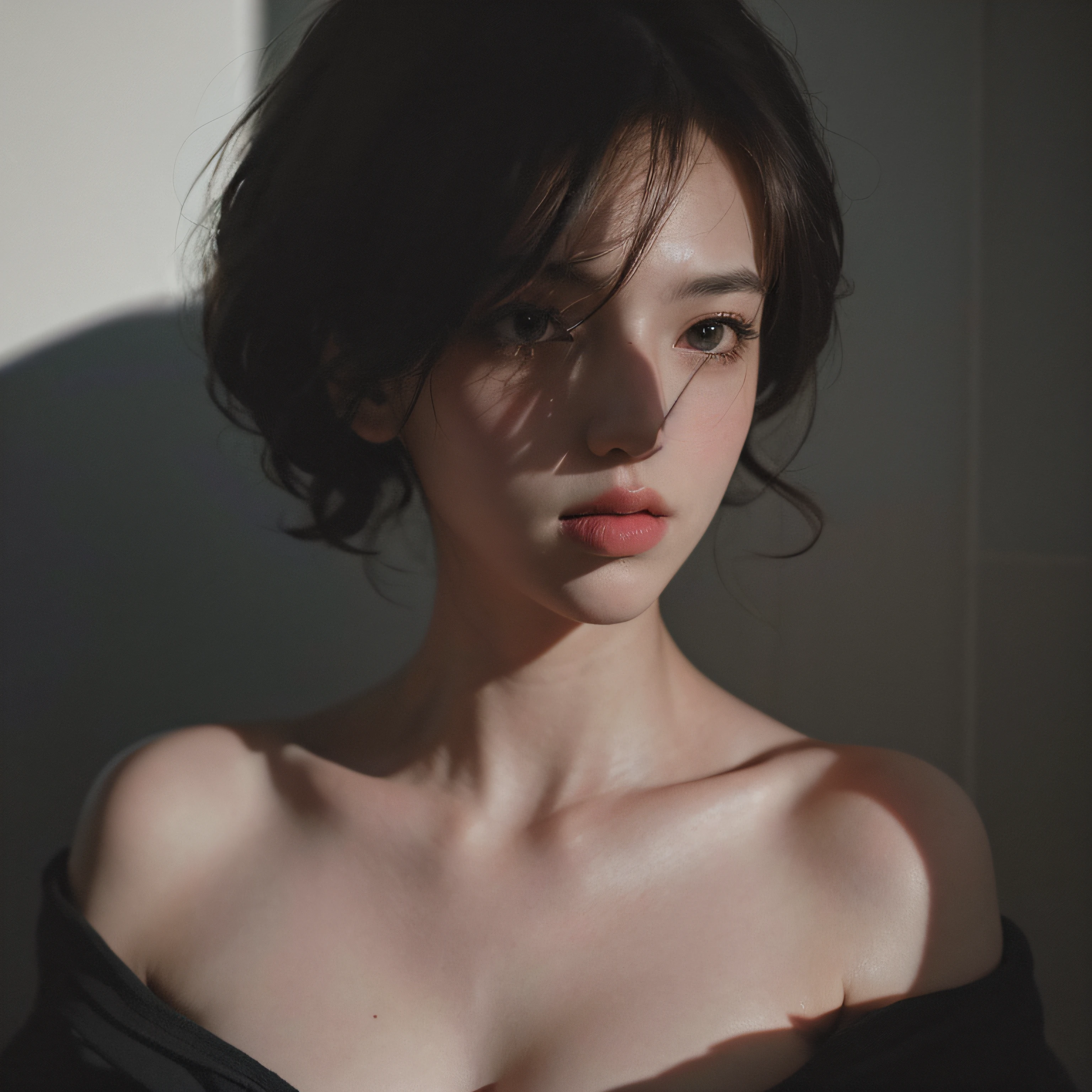 Best quality, masterpiece, ultra high res, (photorealistic:1.5), raw photo, 1girl, offshoulder, in the dark, deep shadow, low key, cold light, sexy look, short hair --auto